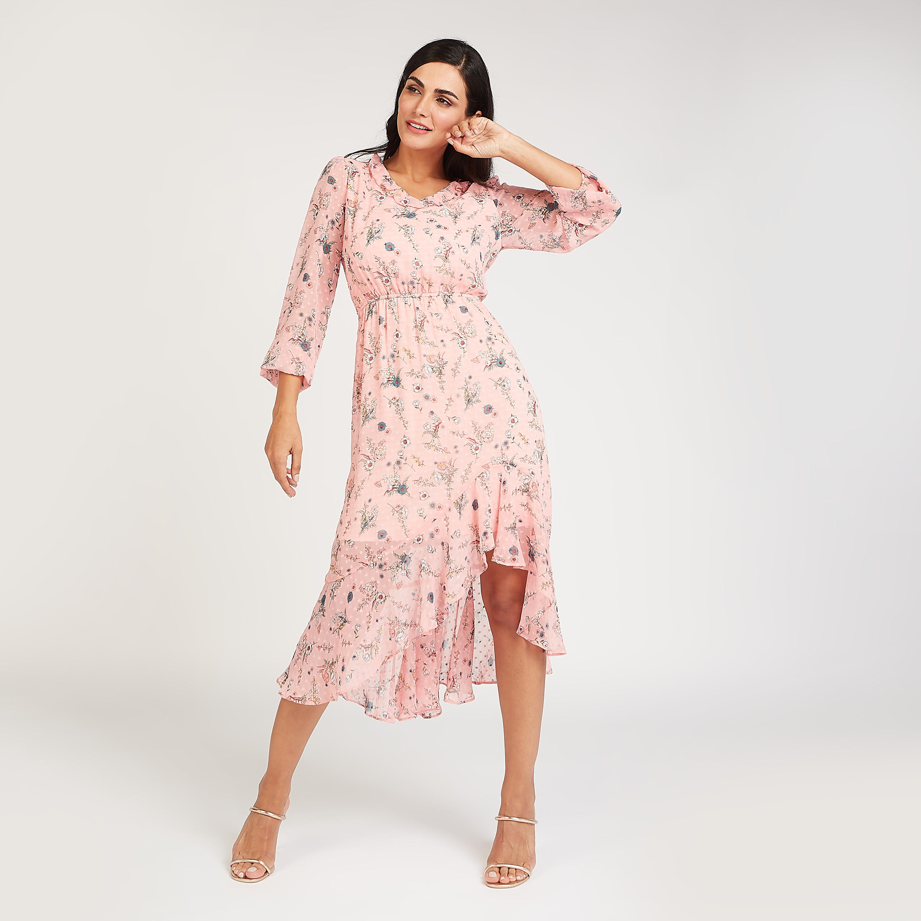 فستان مستدام ميدي بطول غير مستوي وطبعات أزهار وأكمام بيشوب-women-clothing-dresses-image-6