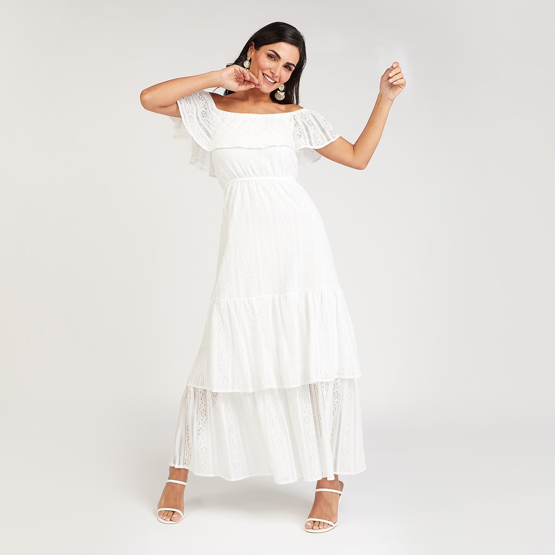 فستان مستدام طويل بارز الملمس بأكتاف مكشوفة وأكمام قصيرة-women-clothing-dresses-image-1