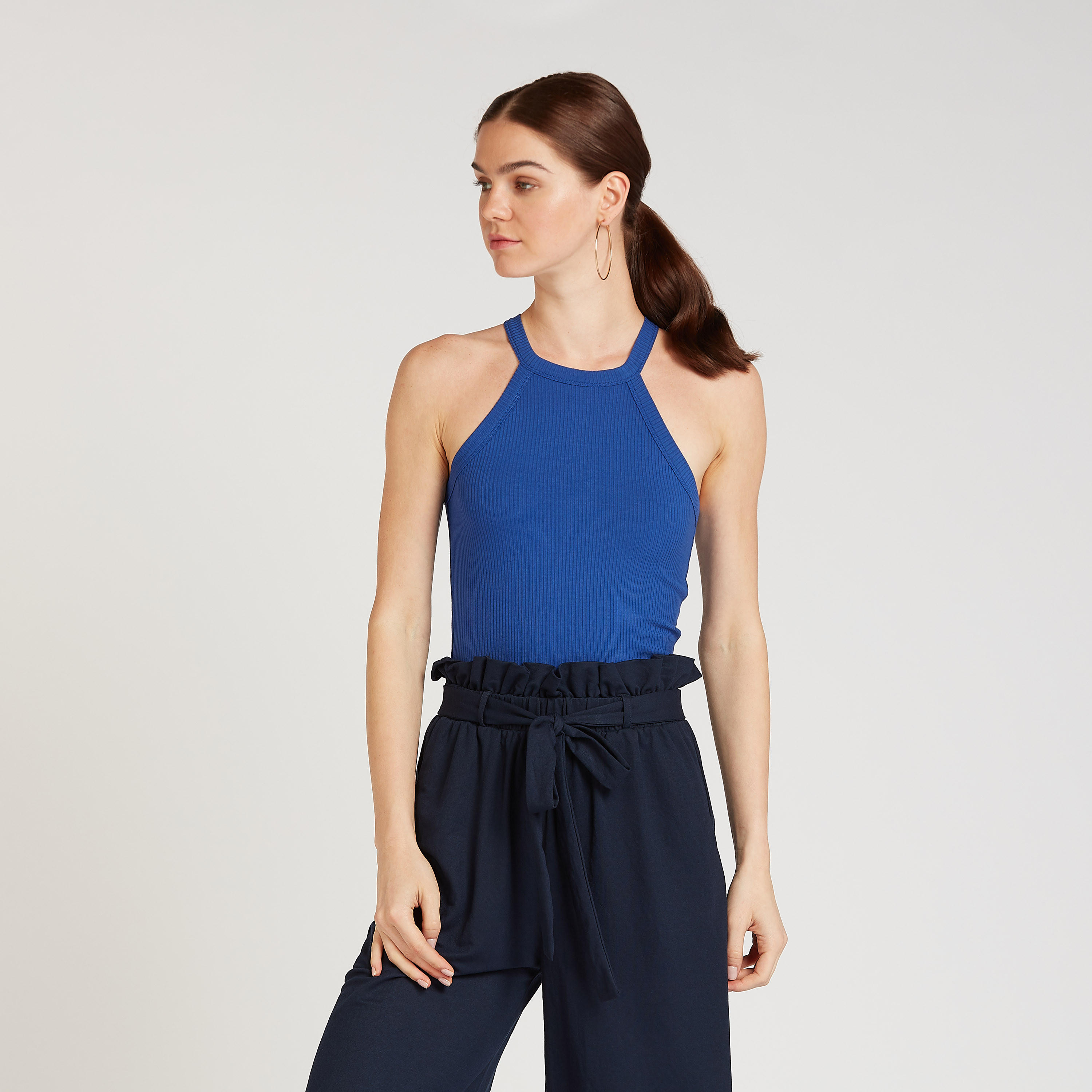 Slim Fit Ribbed Tank Top with Halter Neck-women-clothing-tshirts-image-1