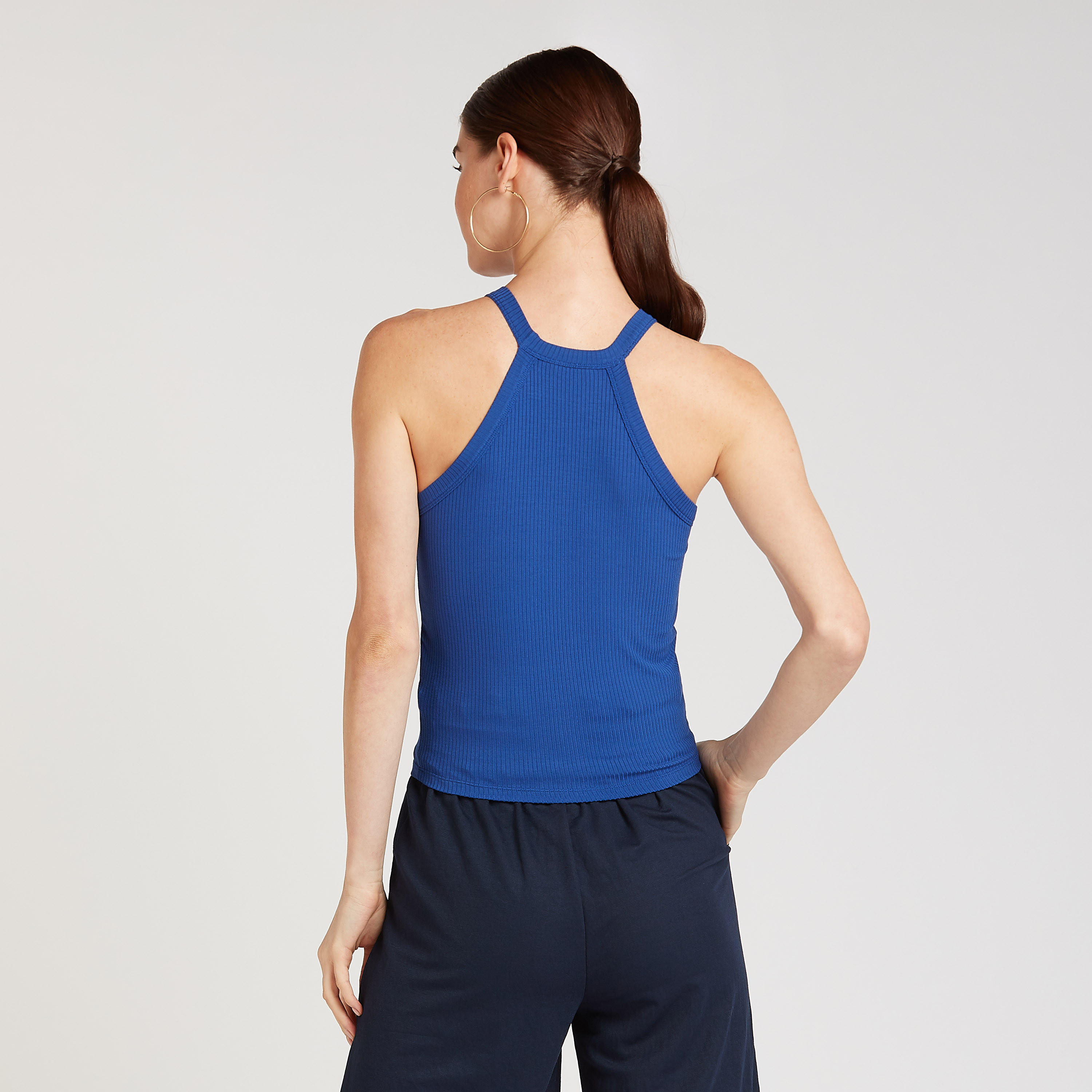Slim Fit Ribbed Tank Top with Halter Neck-women-clothing-tshirts-image-4