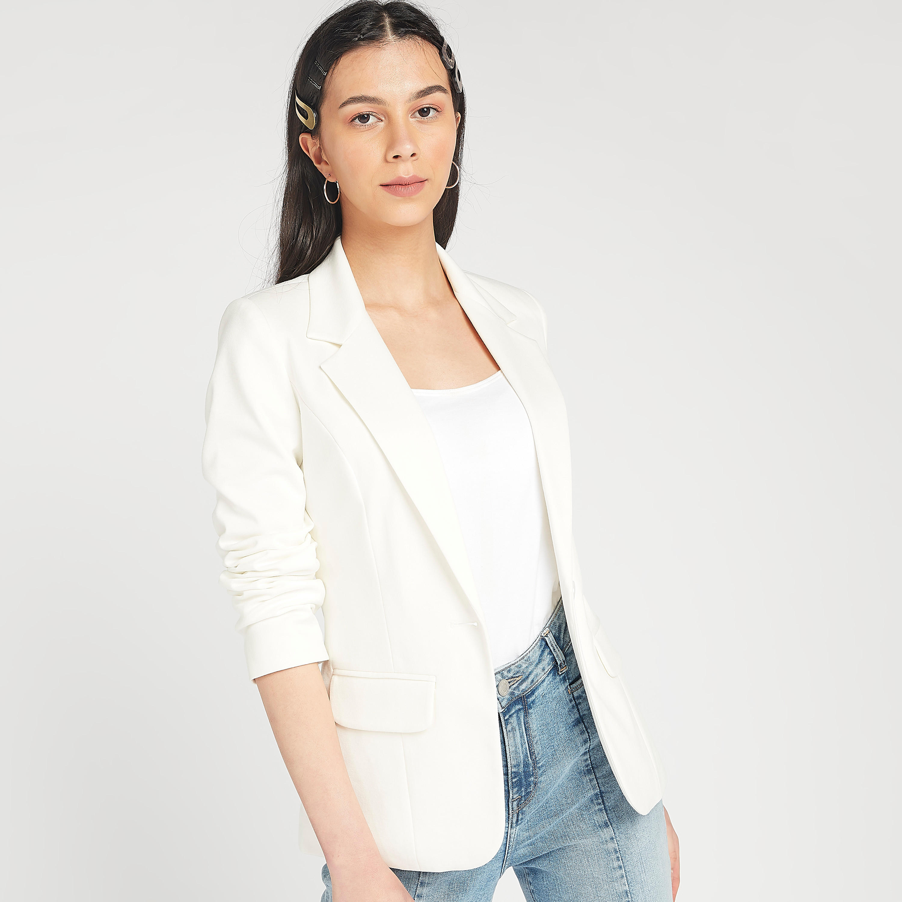 Solid Notched Lapel Blazer with Long Sleeves and Flap Pockets-women-clothing-coatsandjackets-blazers-image-1