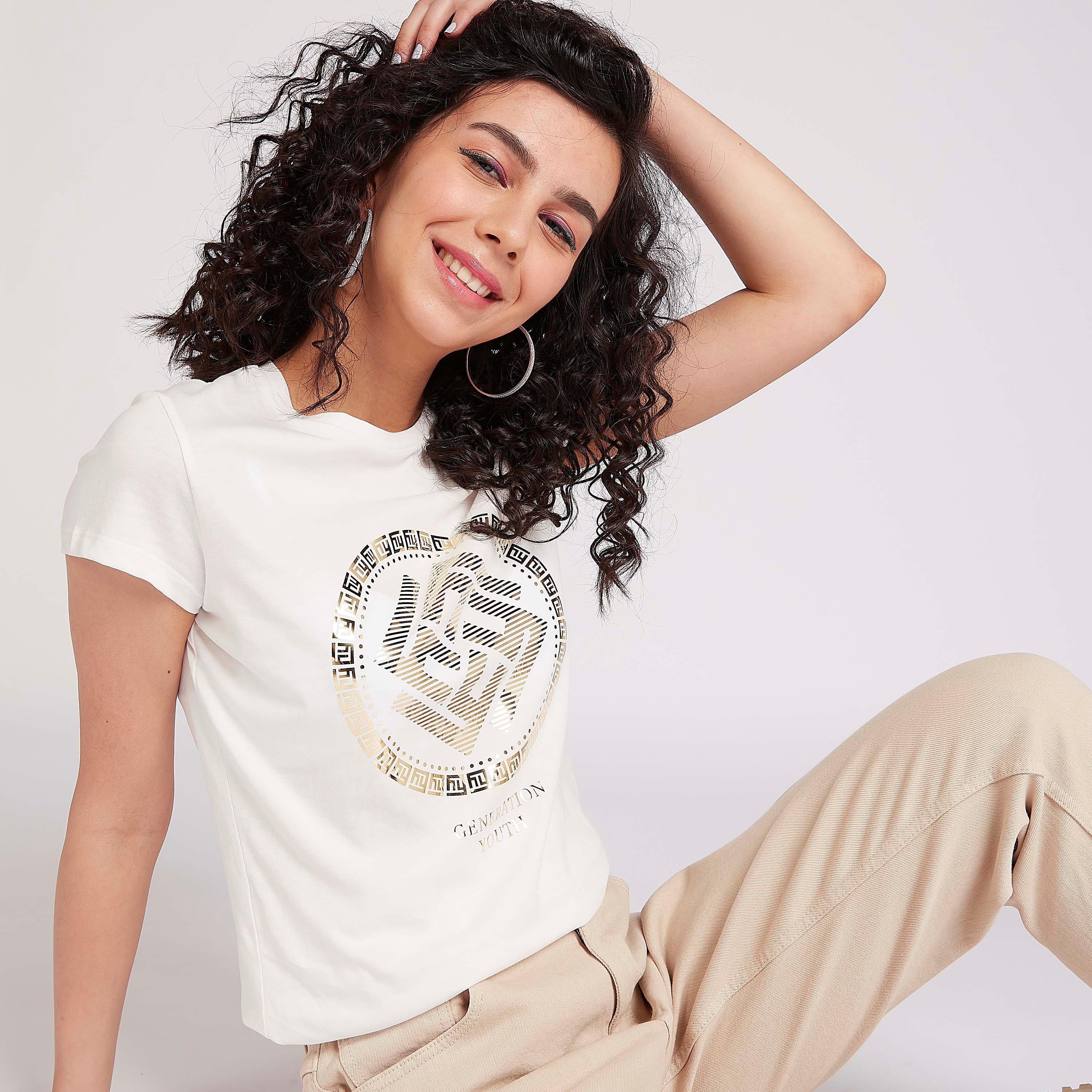 Sustainable Printed T-shirt with Crew Neck and Cap Sleeves-women-clothing-tshirts-image-1
