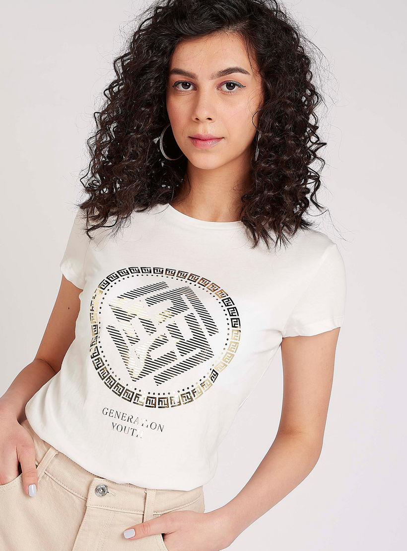 Sustainable Printed T-shirt with Crew Neck and Cap Sleeves-women-clothing-tshirts-image-3