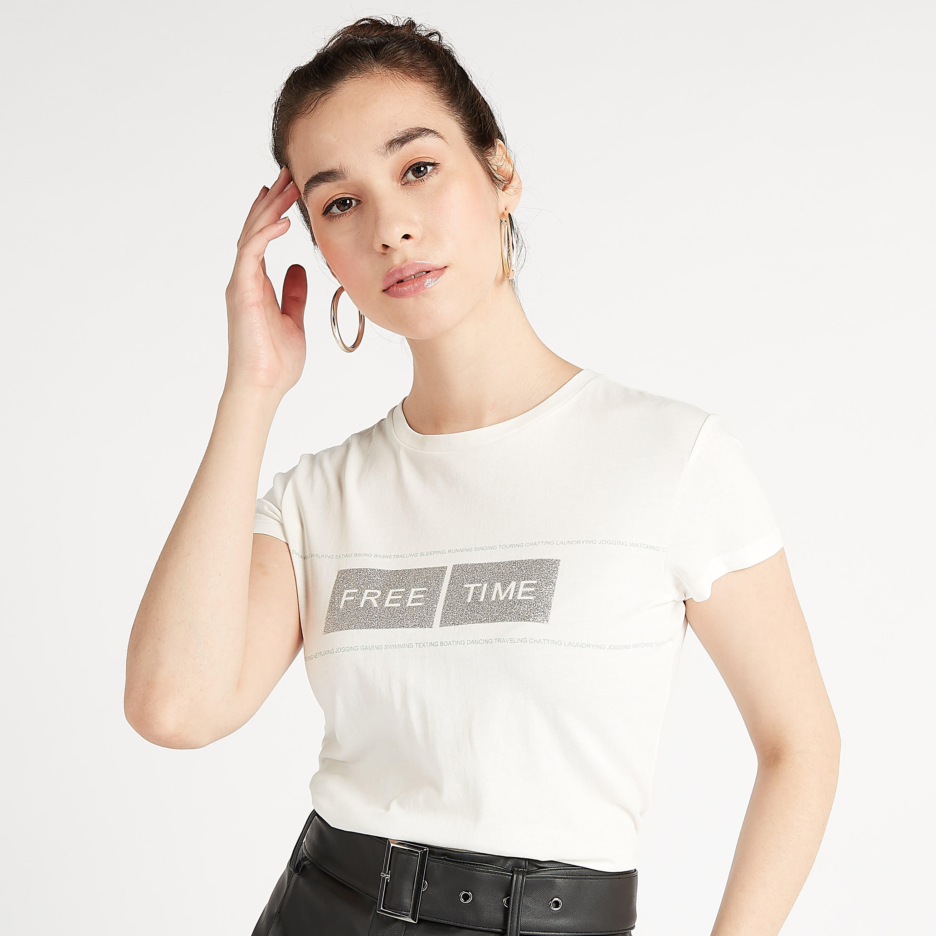 Printed Crew Neck T-shirt with Cap Sleeves-women-clothing-tshirts-image-2