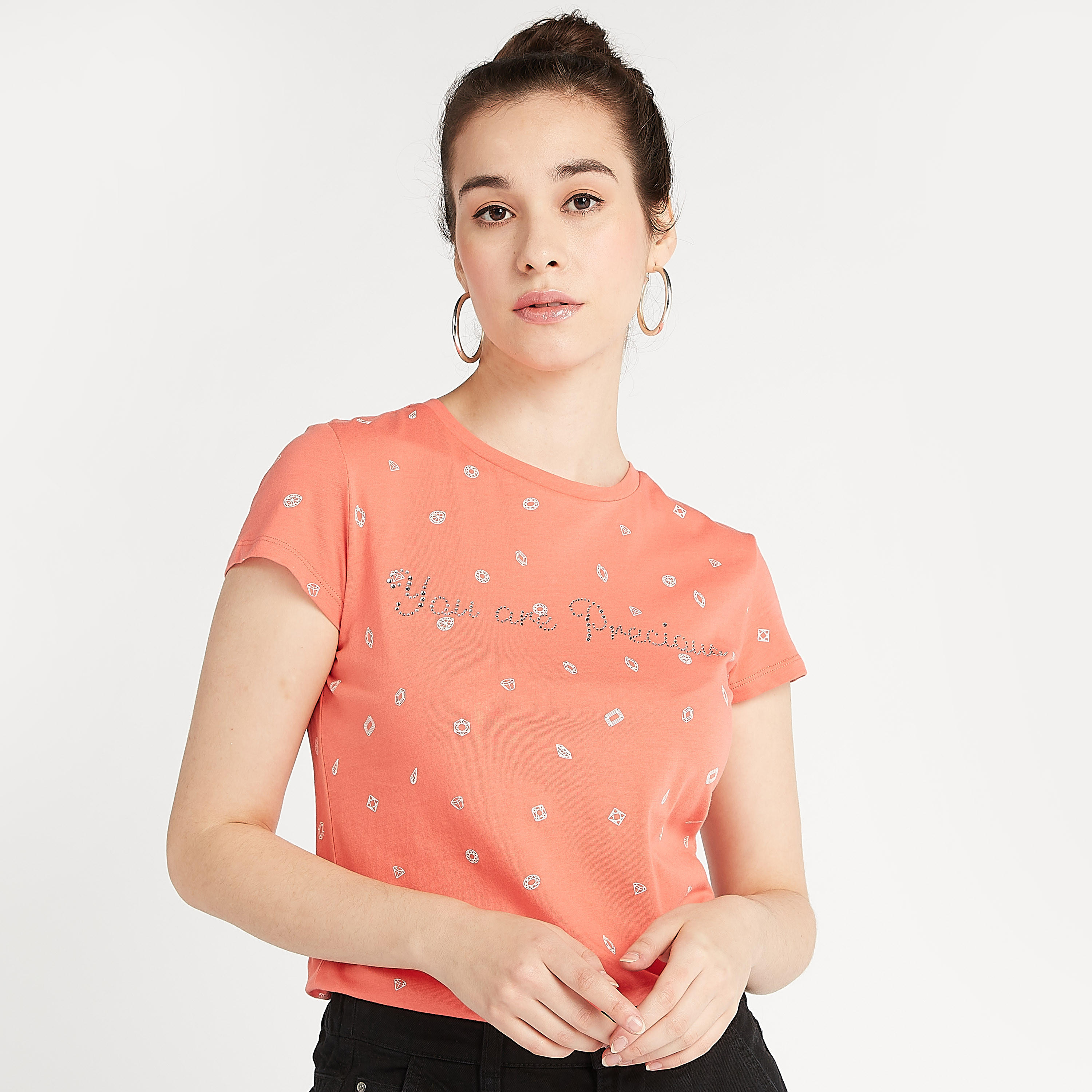 Printed Crew Neck T-shirt with Cap Sleeves-women-clothing-tshirts-image-1