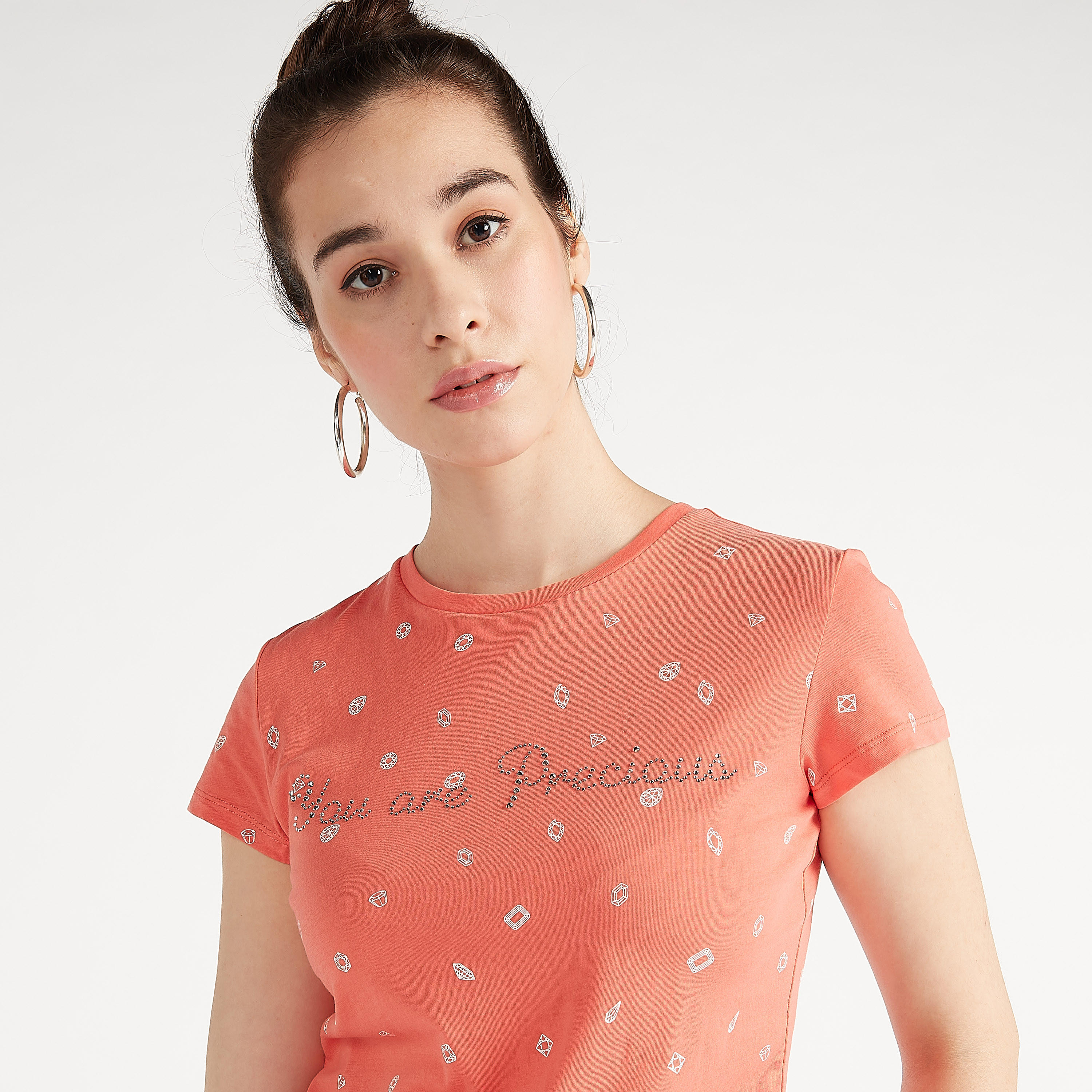 Printed Crew Neck T-shirt with Cap Sleeves-women-clothing-tshirts-image-3