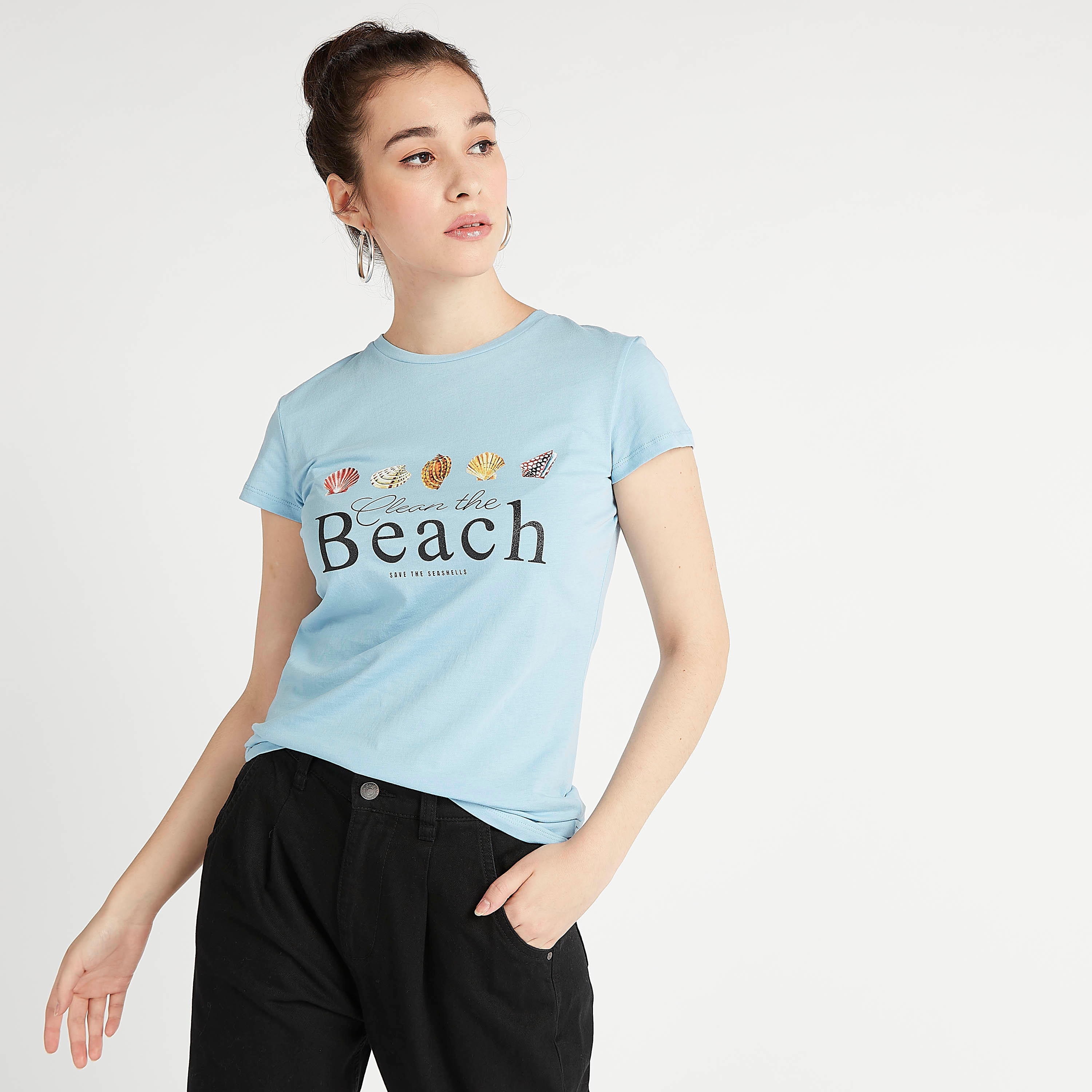 Printed Crew Neck T-shirt with Cap Sleeves-women-clothing-tshirts-image-2