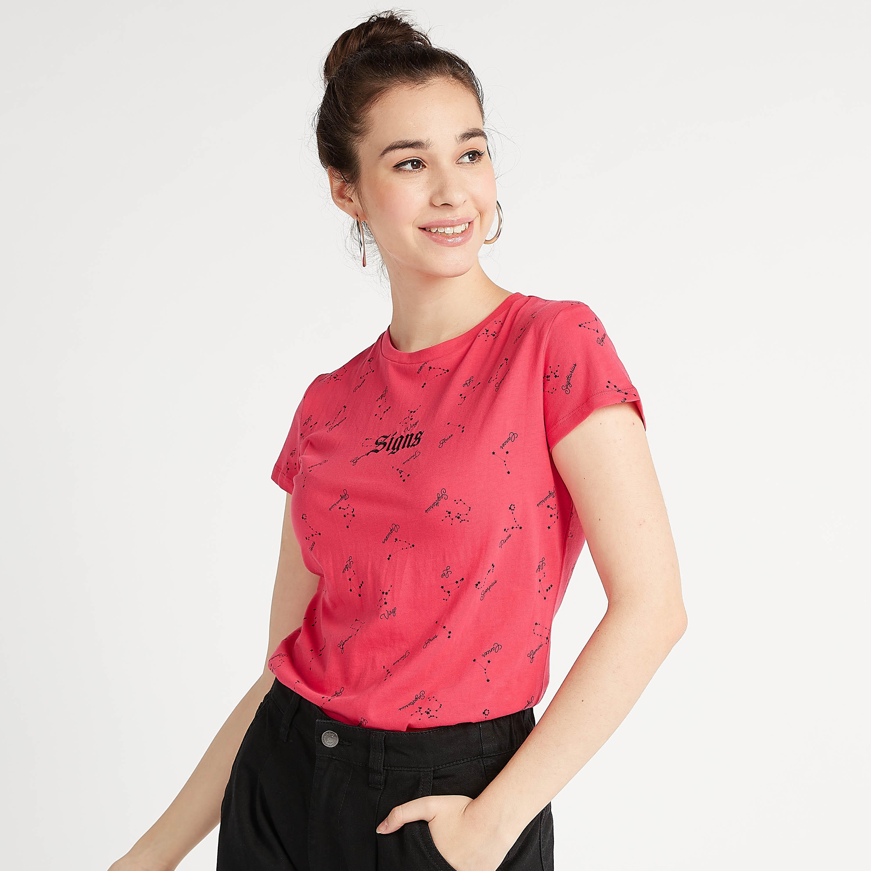 Printed Crew Neck T-shirt with Cap Sleeves-women-clothing-tshirts-image-1