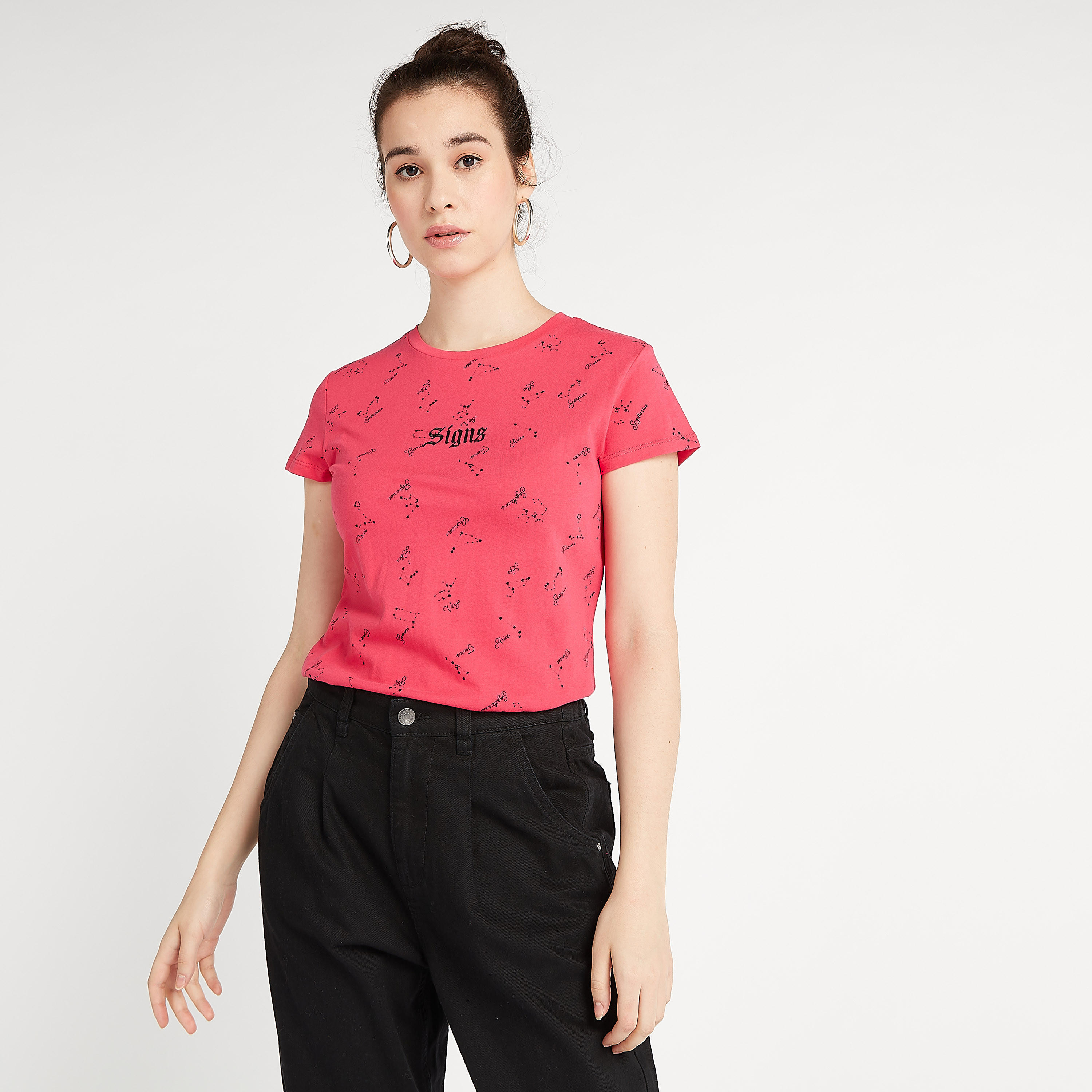 Printed Crew Neck T-shirt with Cap Sleeves-women-clothing-tshirts-image-5
