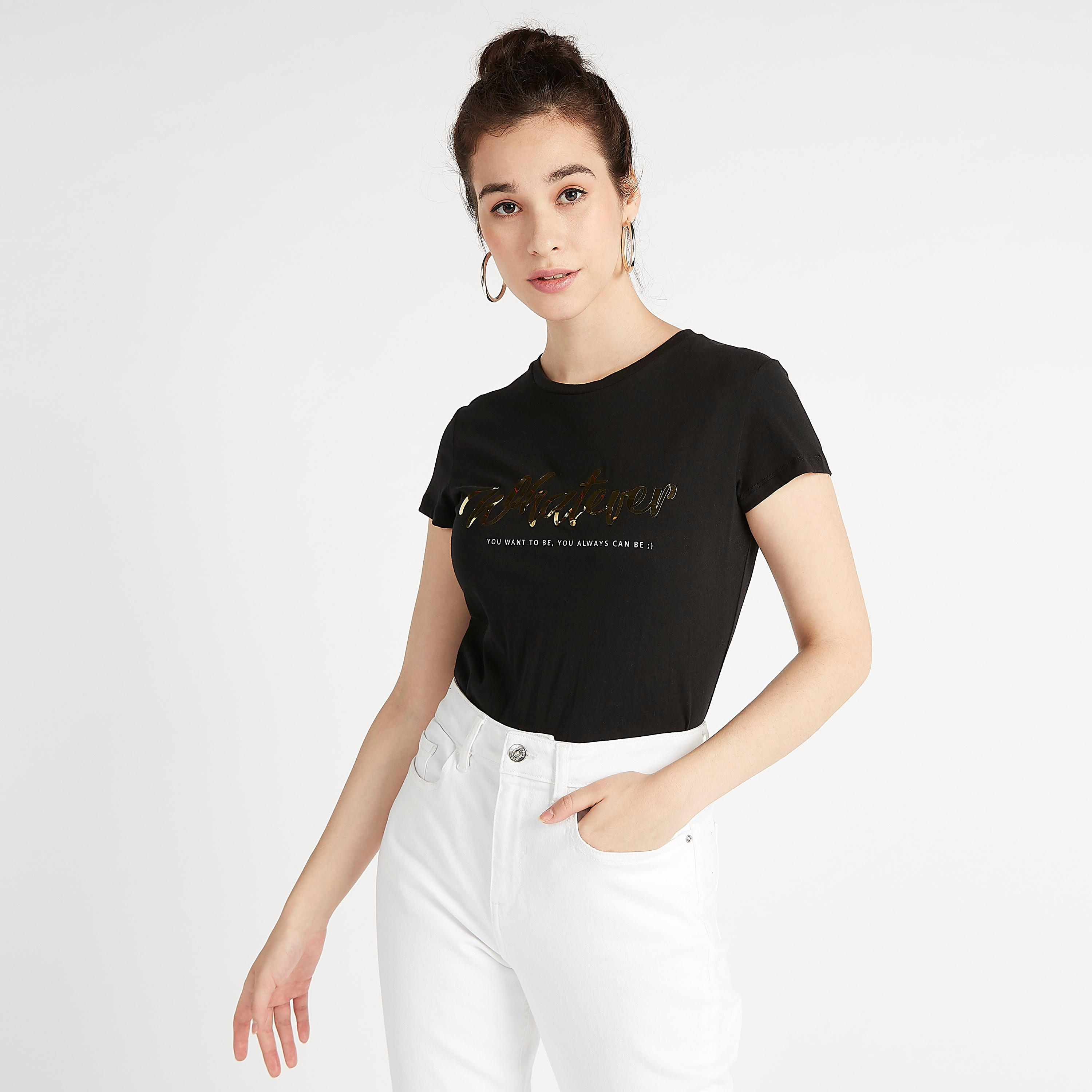 Printed Crew Neck T-shirt with Cap Sleeves-women-clothing-tshirts-image-1