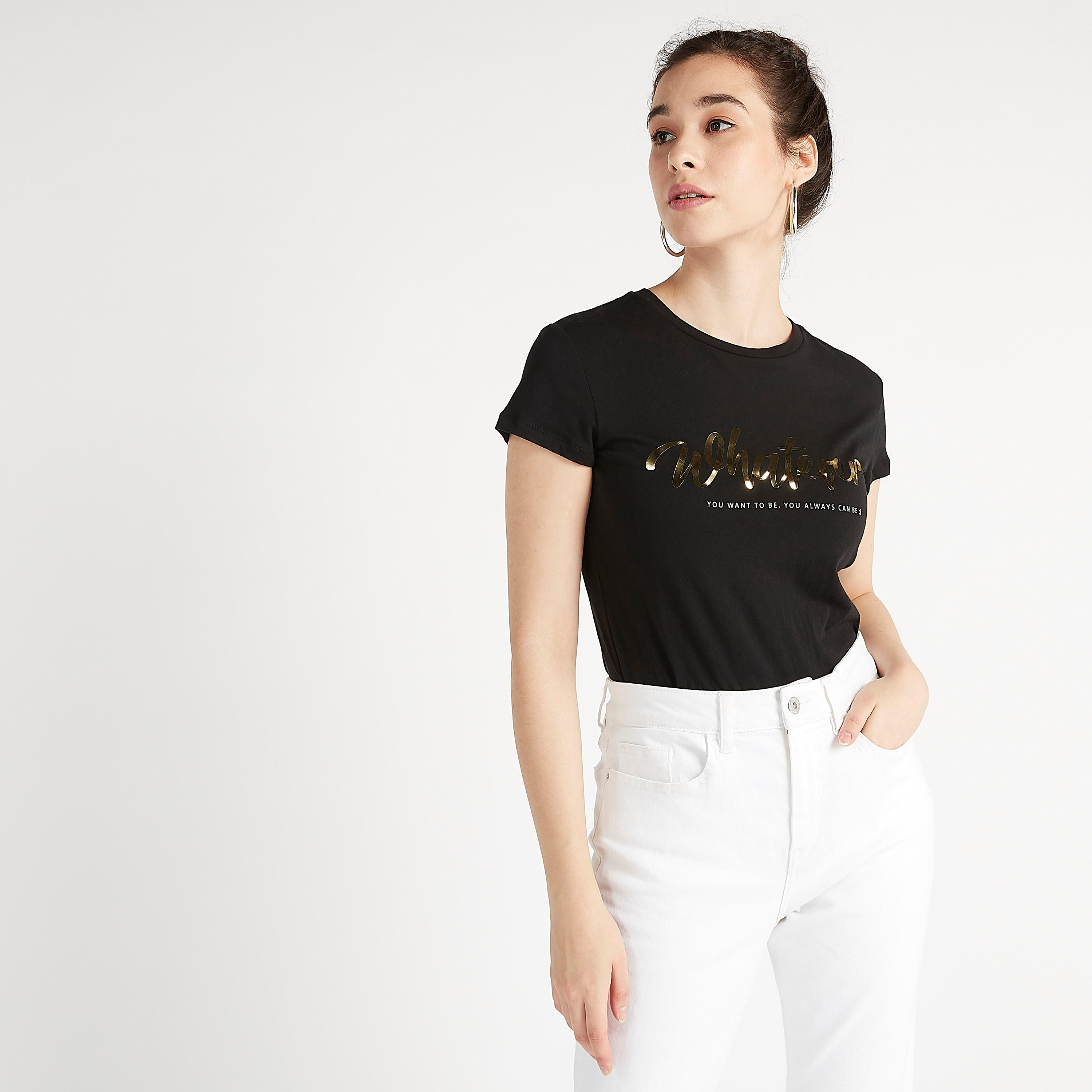 Printed Crew Neck T-shirt with Cap Sleeves-women-clothing-tshirts-image-3