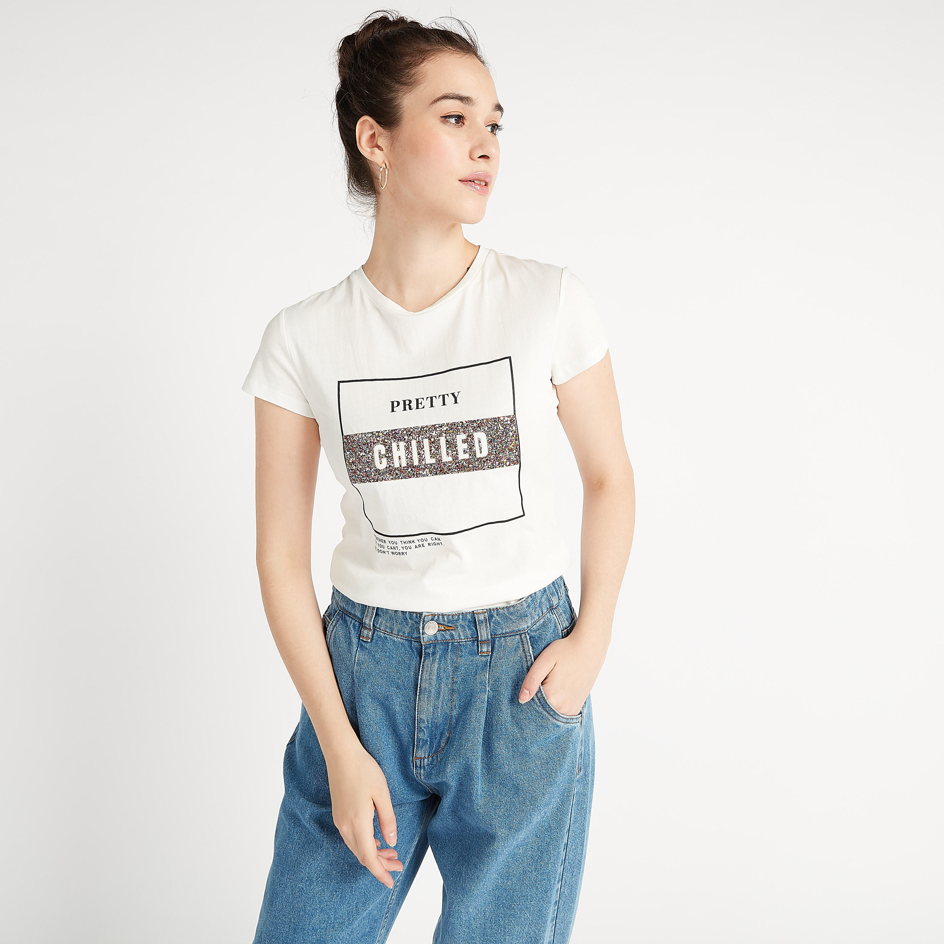 Printed Crew Neck T-shirt with Cap Sleeves-women-clothing-tshirts-image-2