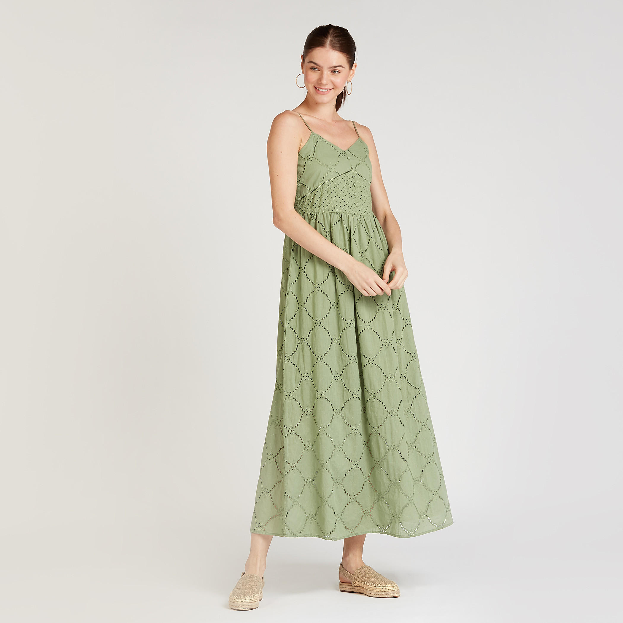 فستان شيفلي إيه لاين ميدي مطرز بأحزمة وتزيينات أزرار-women-clothing-dresses-image-1