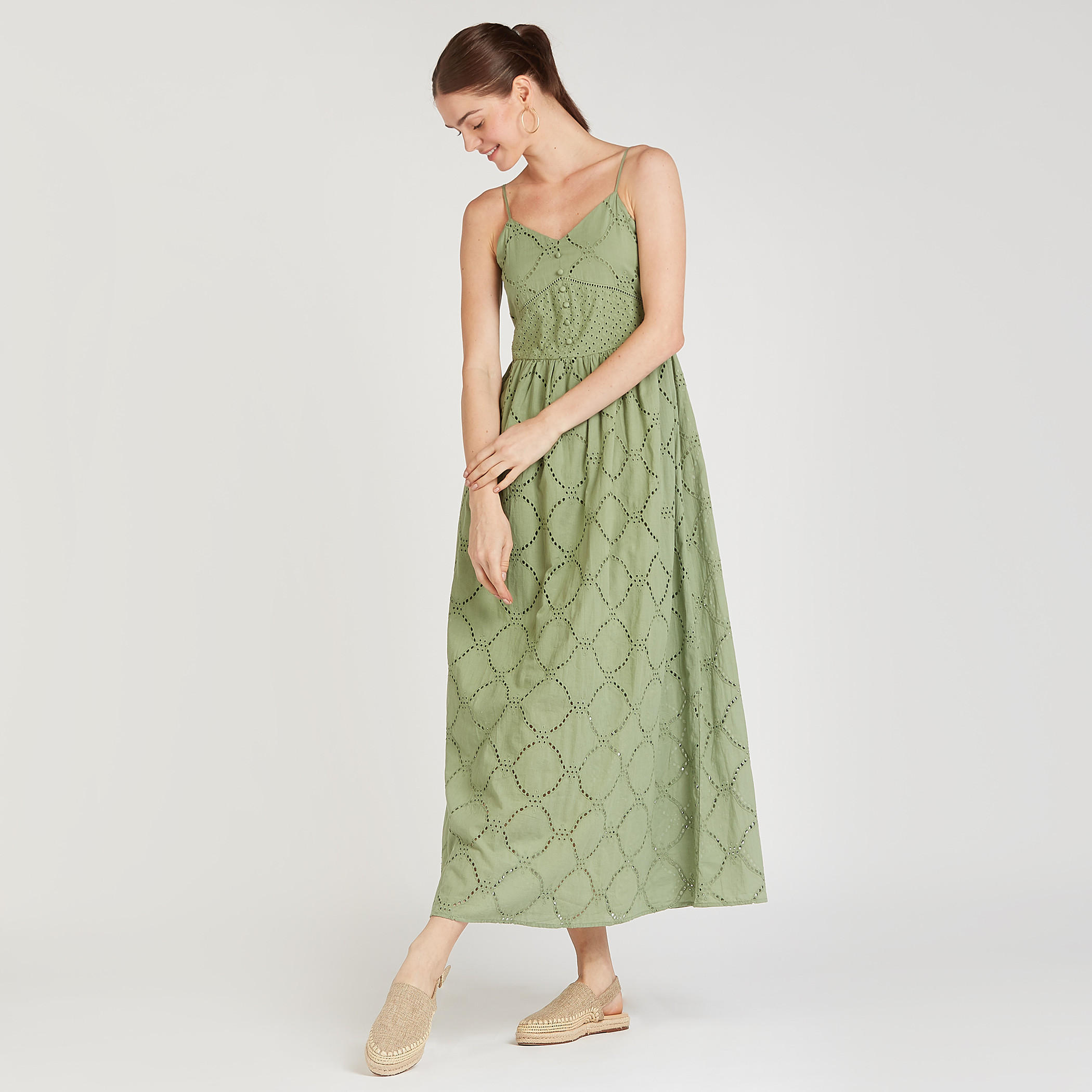 فستان شيفلي إيه لاين ميدي مطرز بأحزمة وتزيينات أزرار-women-clothing-dresses-image-2