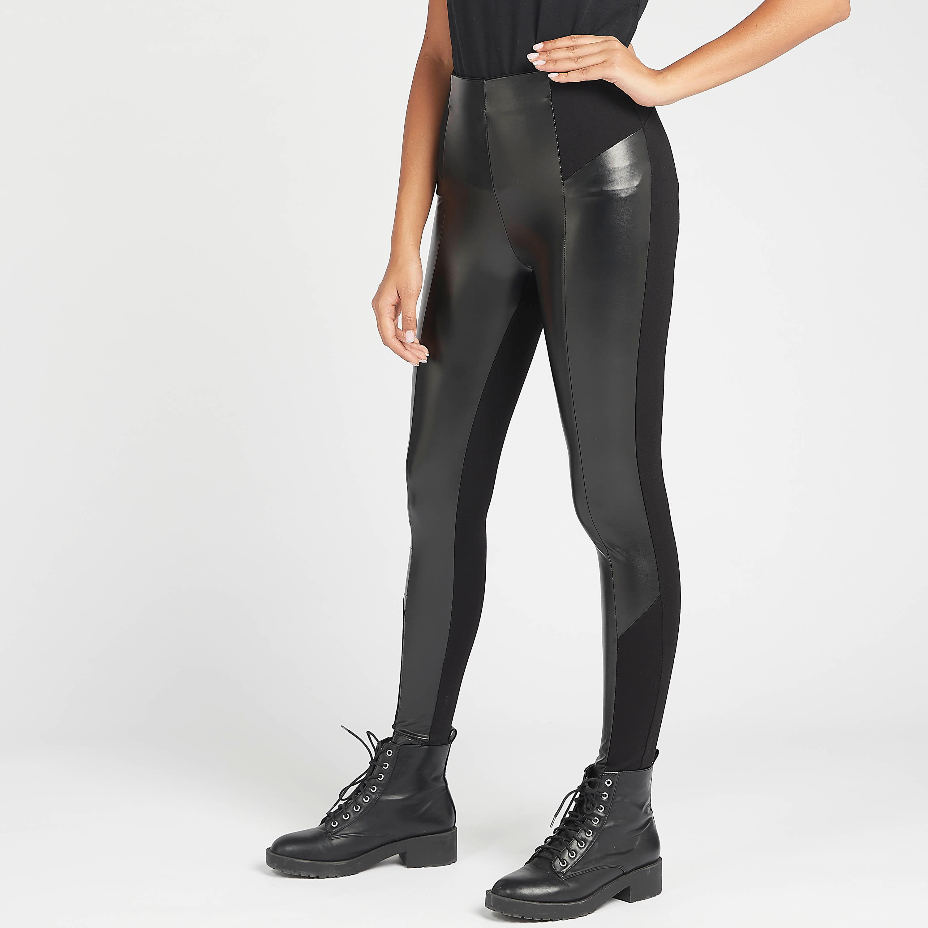 Solid Ponte Leggings with PU Blocking-women-clothing-bottoms-leggings-image-1
