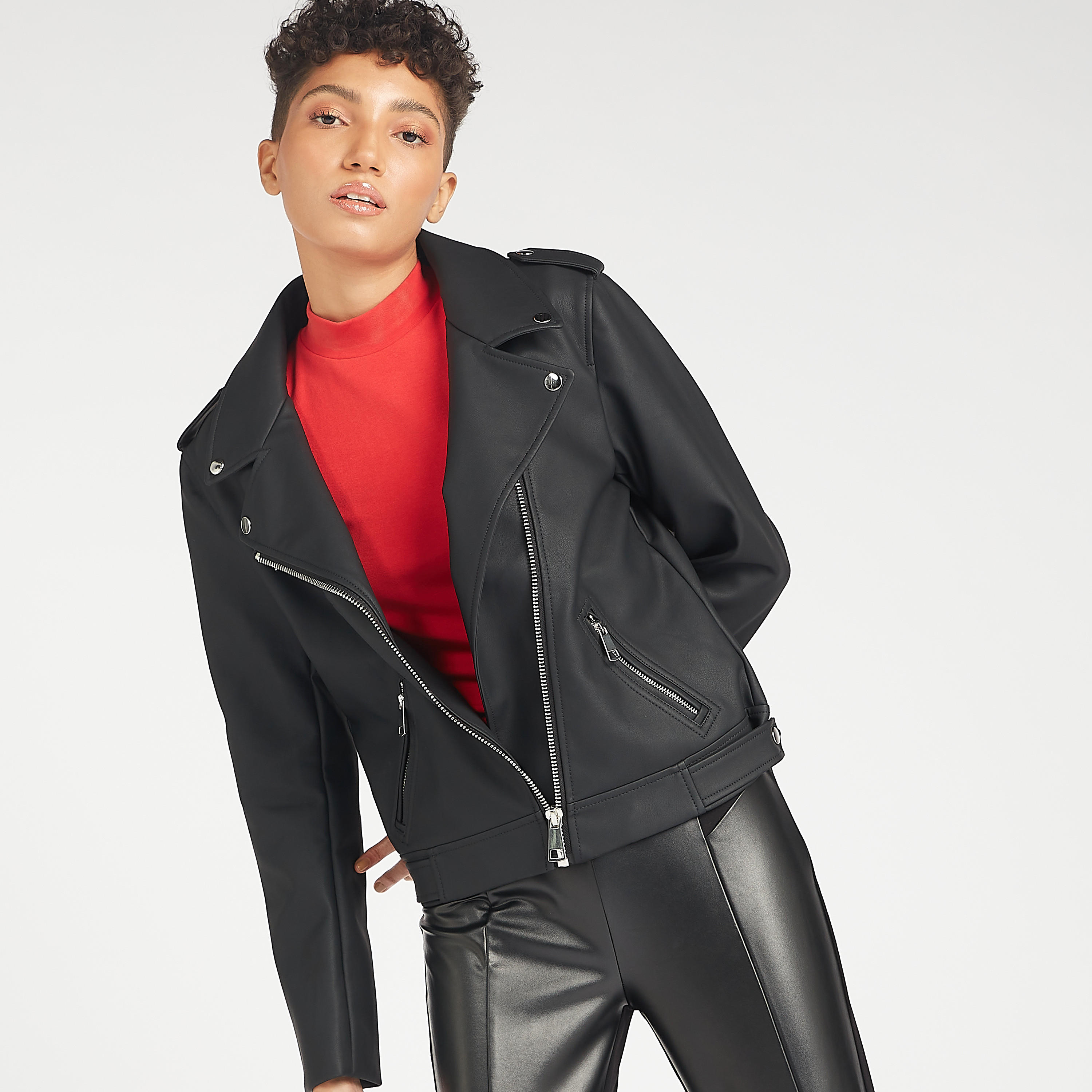 Solid Biker Jacket with Long Sleeves and Zipper Pockets-women-winterwear-coatsandjackets-jackets-image-1