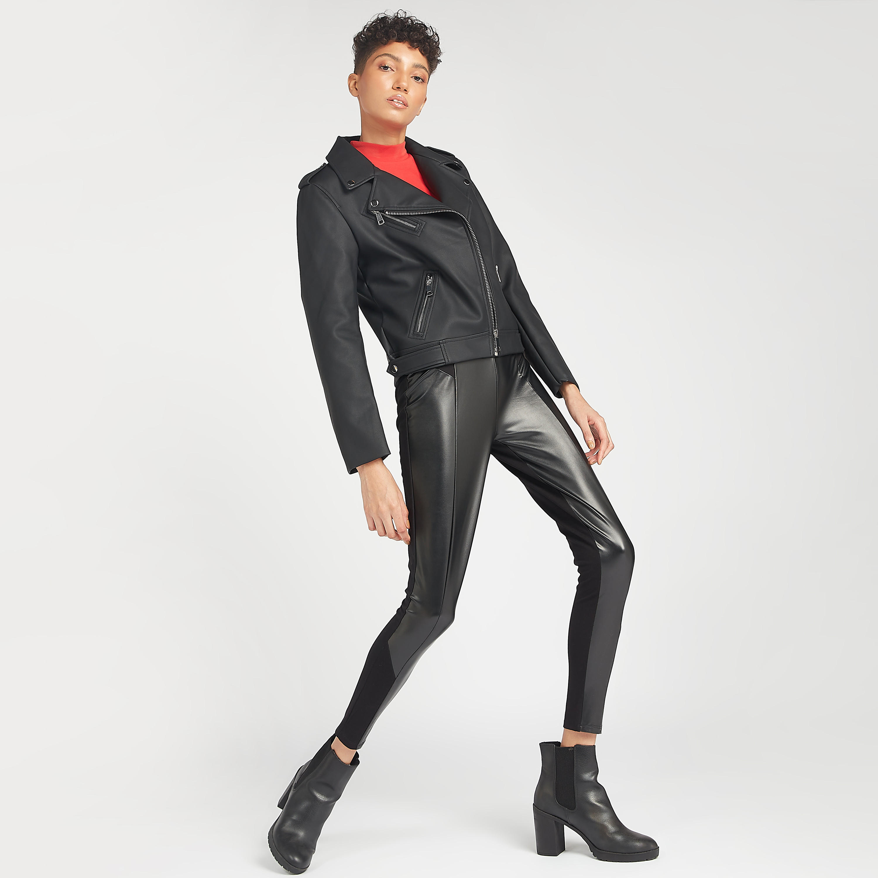 Solid Biker Jacket with Long Sleeves and Zipper Pockets-women-winterwear-coatsandjackets-jackets-image-2