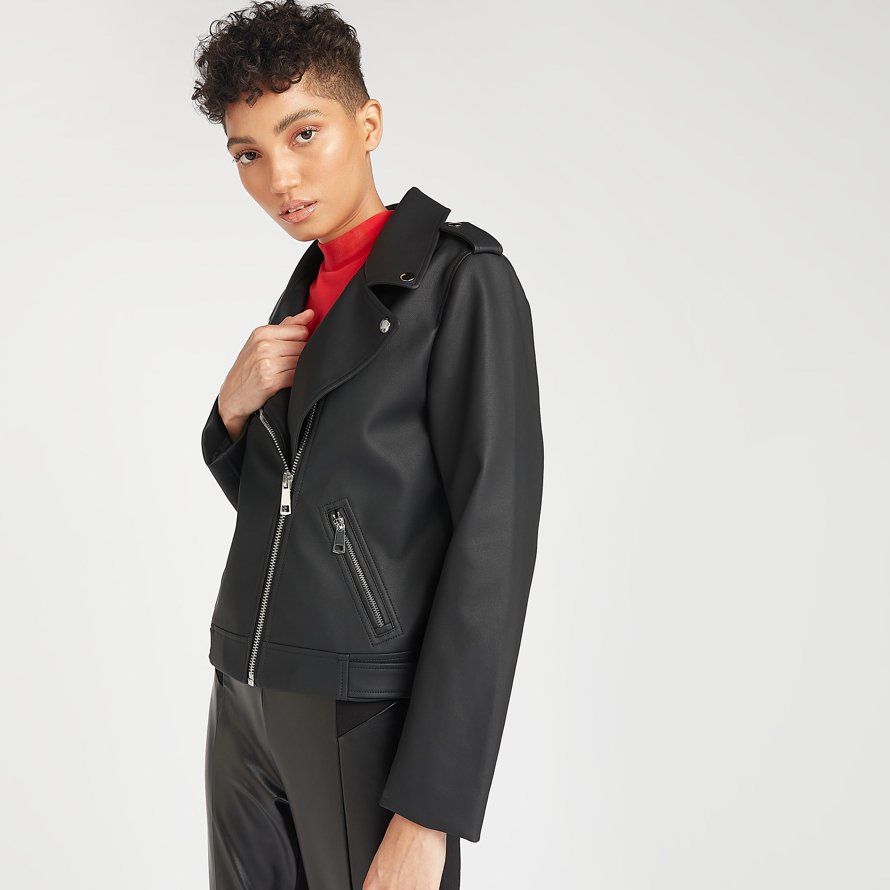 Solid Biker Jacket with Long Sleeves and Zipper Pockets-women-winterwear-coatsandjackets-jackets-image-6