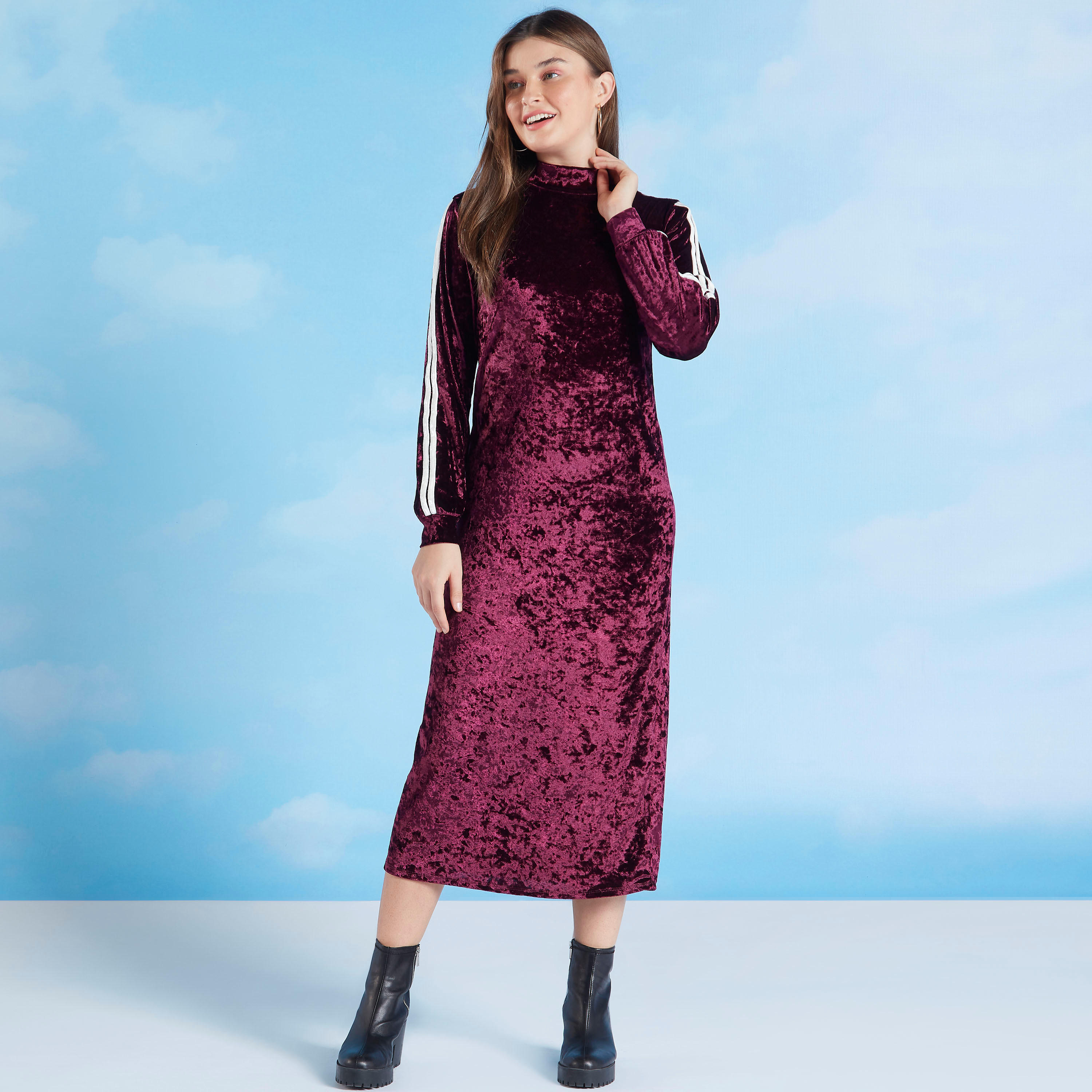 فستان قطيفة ميدي واسع بارز الملمس بياقة عالية وأكمام طويلة-women-clothing-dresses-image-1