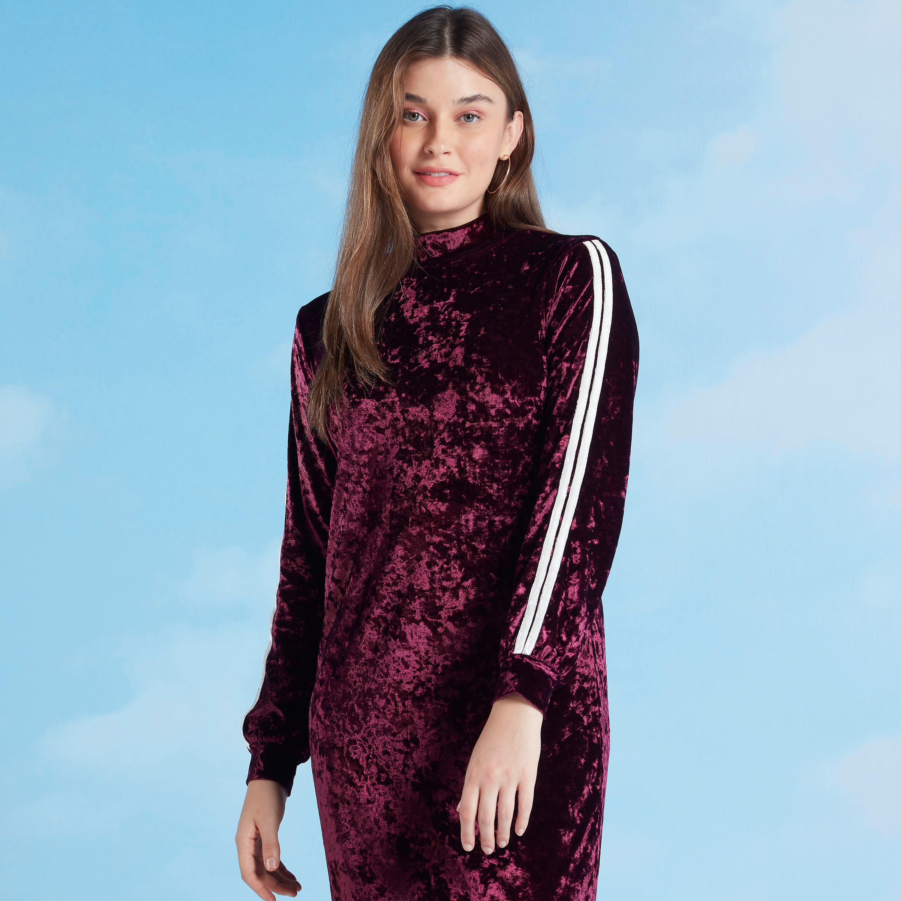فستان قطيفة ميدي واسع بارز الملمس بياقة عالية وأكمام طويلة-women-clothing-dresses-image-2