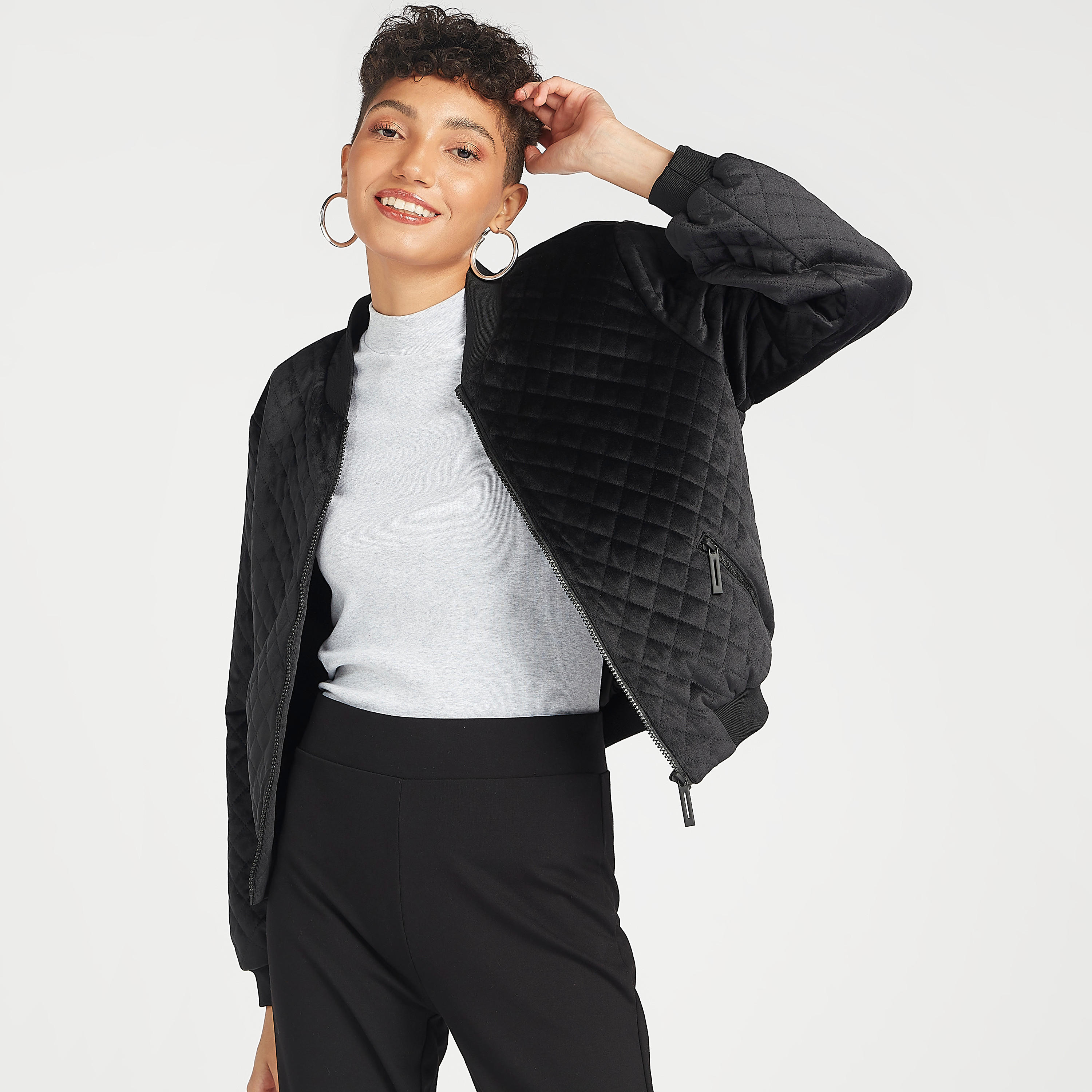 Quilted Velour Bomber Jacket with Zip Closure and Pockets-women-winterwear-coatsandjackets-jackets-image-1