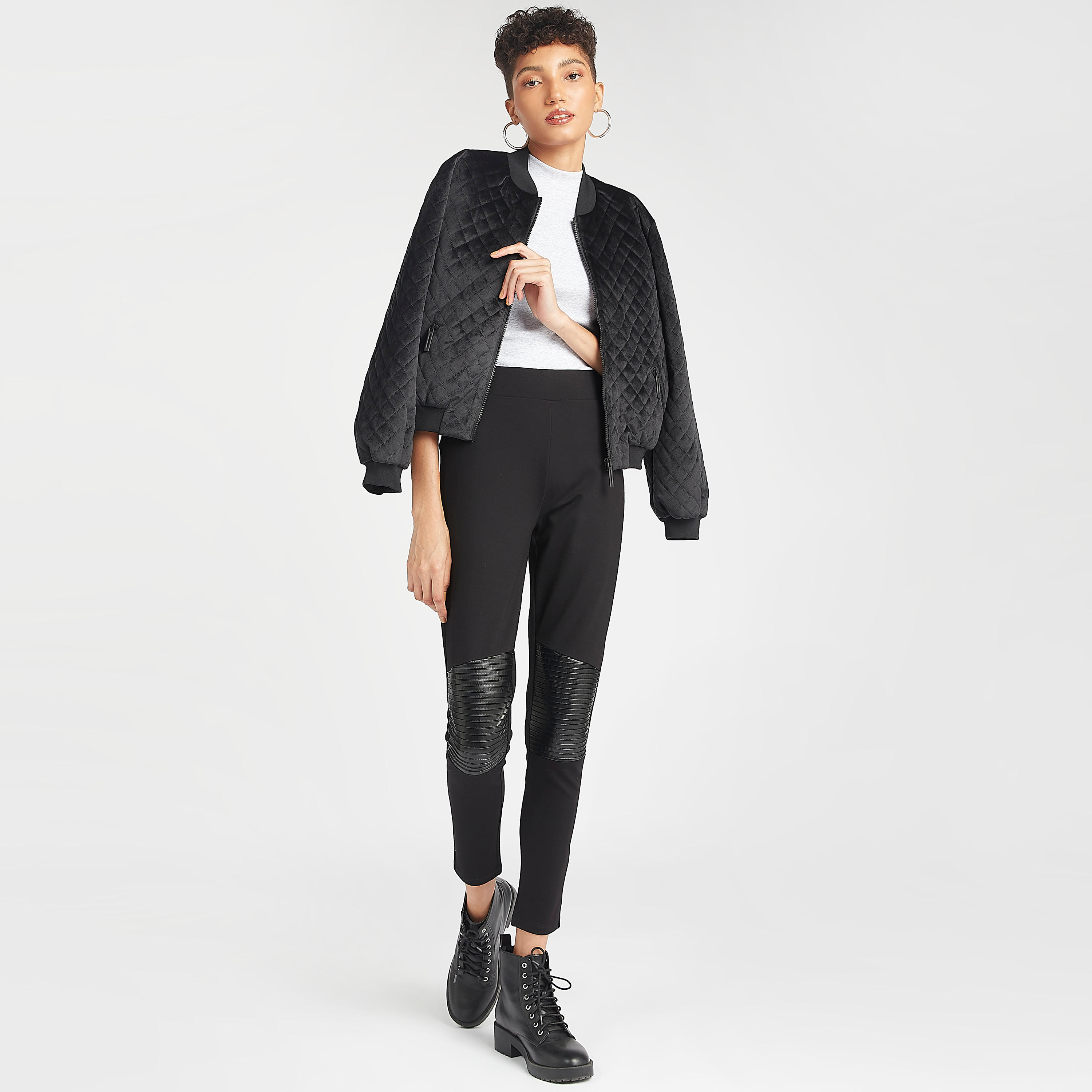 Quilted Velour Bomber Jacket with Zip Closure and Pockets-women-winterwear-coatsandjackets-jackets-image-2