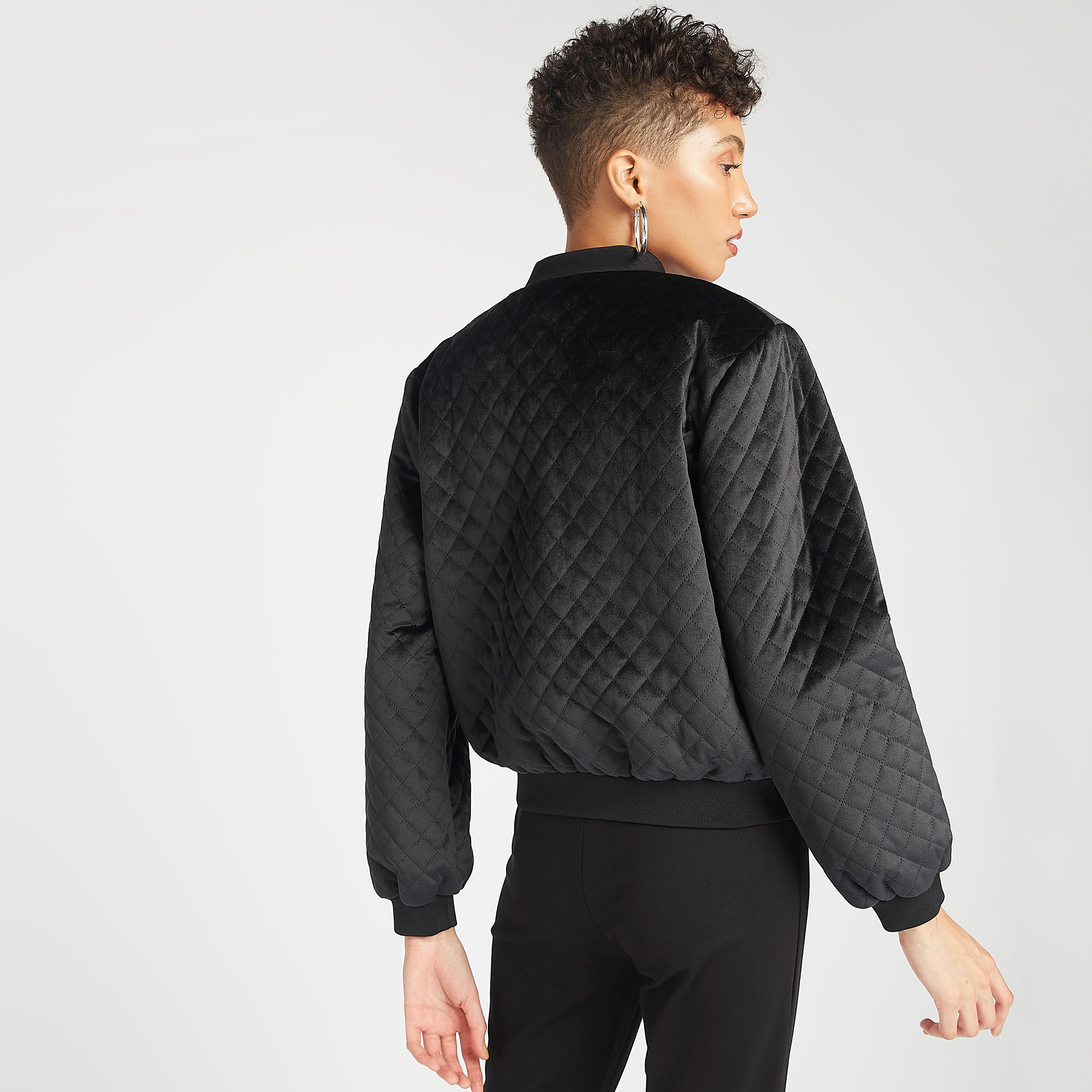 Quilted Velour Bomber Jacket with Zip Closure and Pockets-women-winterwear-coatsandjackets-jackets-image-4