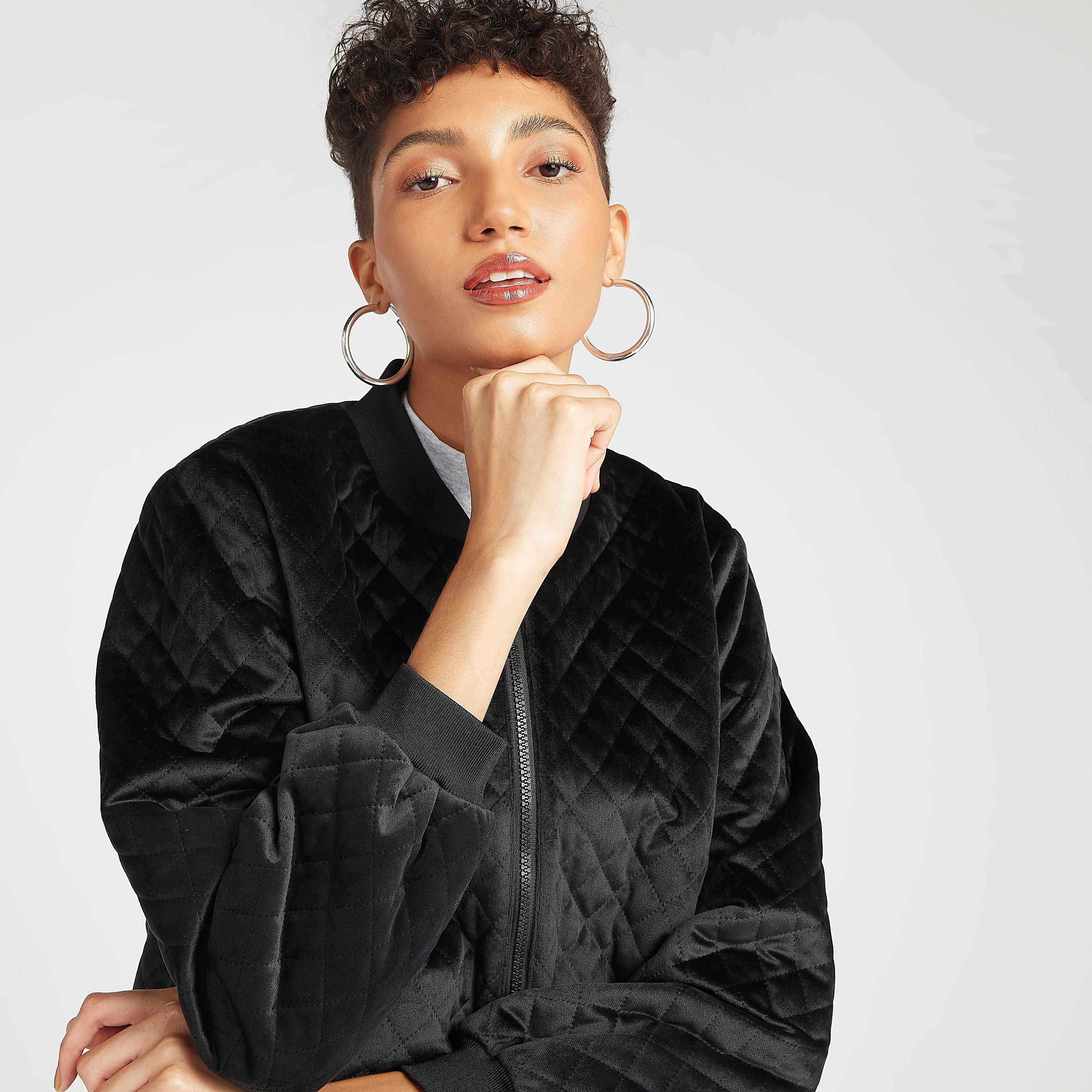 Quilted Velour Bomber Jacket with Zip Closure and Pockets-women-winterwear-coatsandjackets-jackets-image-8