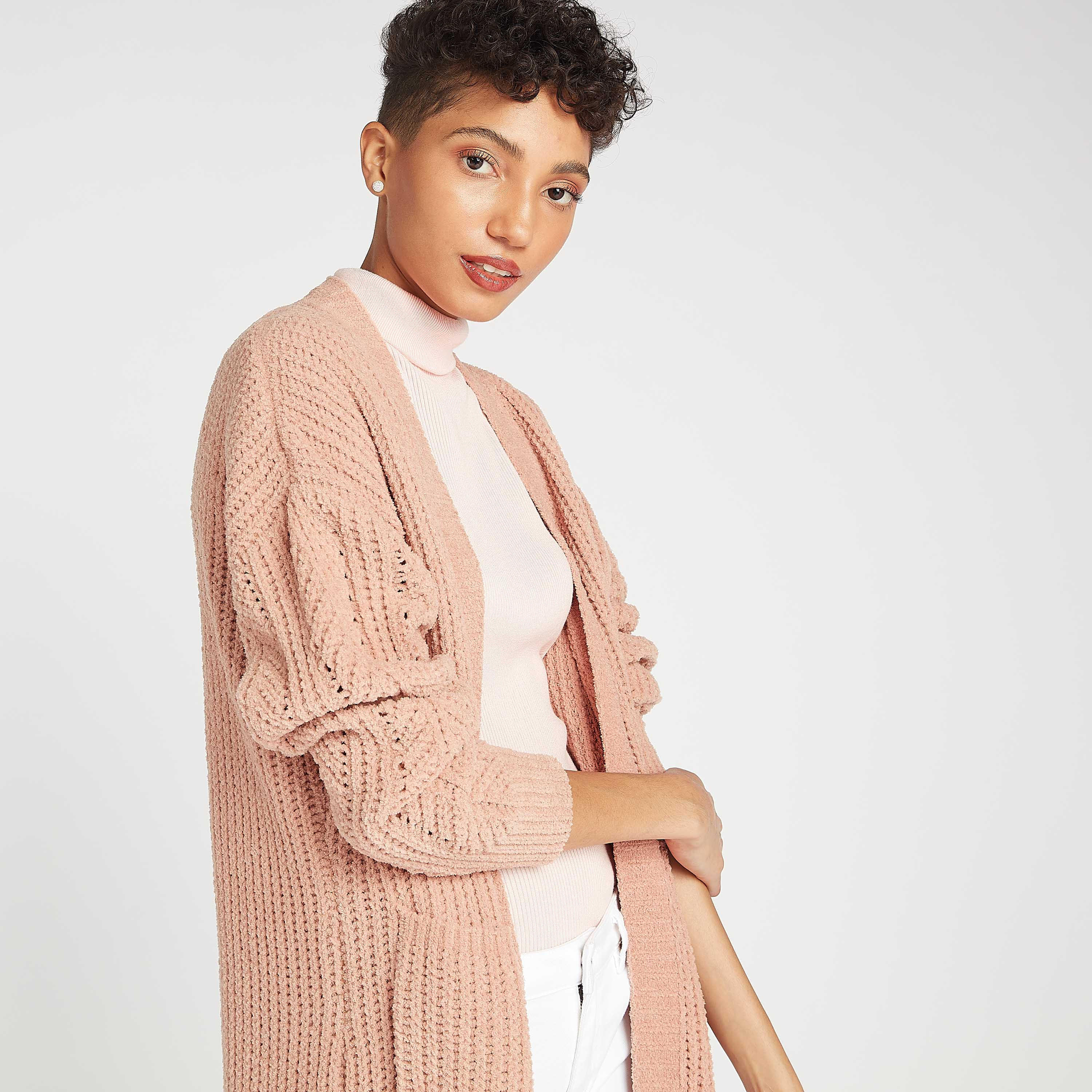 كارديجان طويل بارز الملمس بياقة منسدلة وجيوب-women-winterwear-cardigansandjumpers-cardigans-image-1