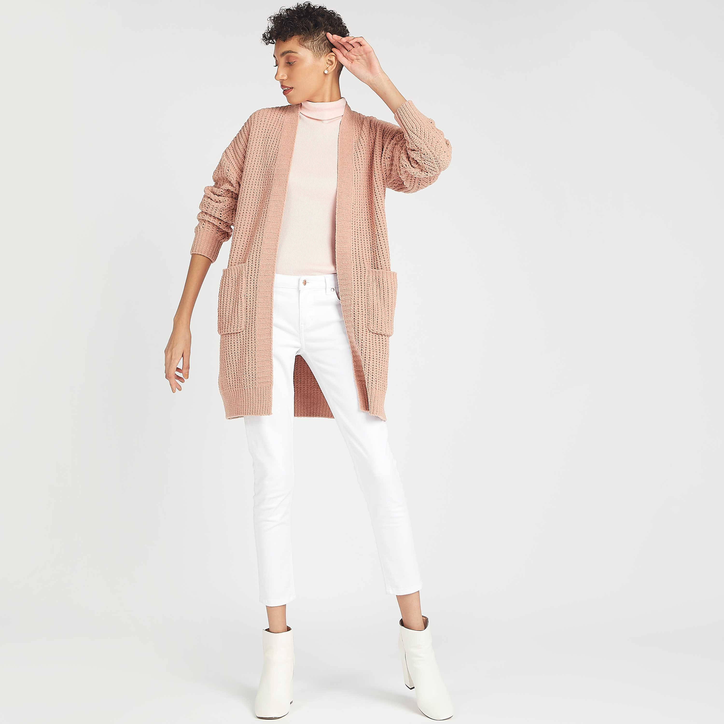 كارديجان طويل بارز الملمس بياقة منسدلة وجيوب-women-winterwear-cardigansandjumpers-cardigans-image-2