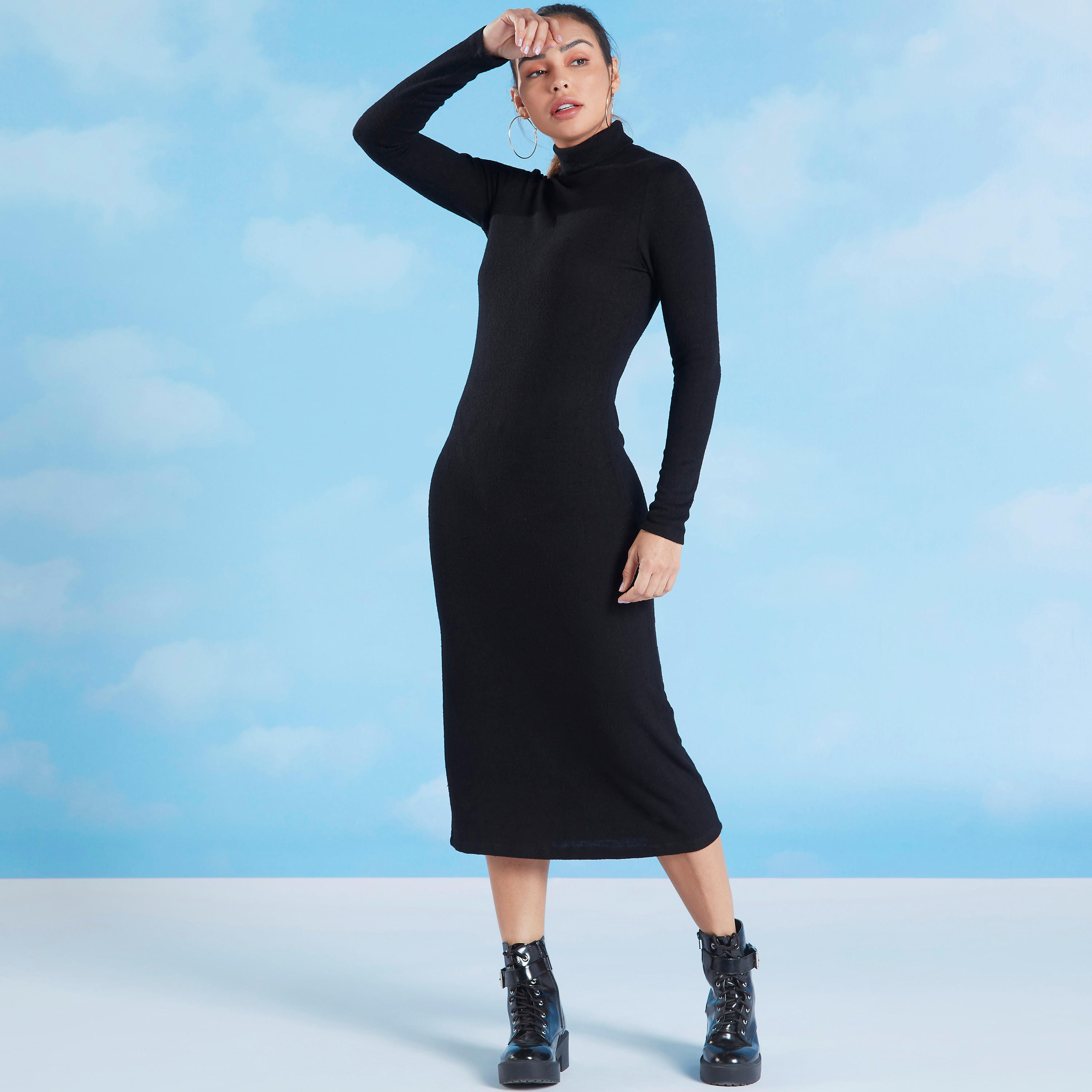 Solid High Neck Bodycon Midi Dress with Long Sleeves-women-clothing-dresses-image-1