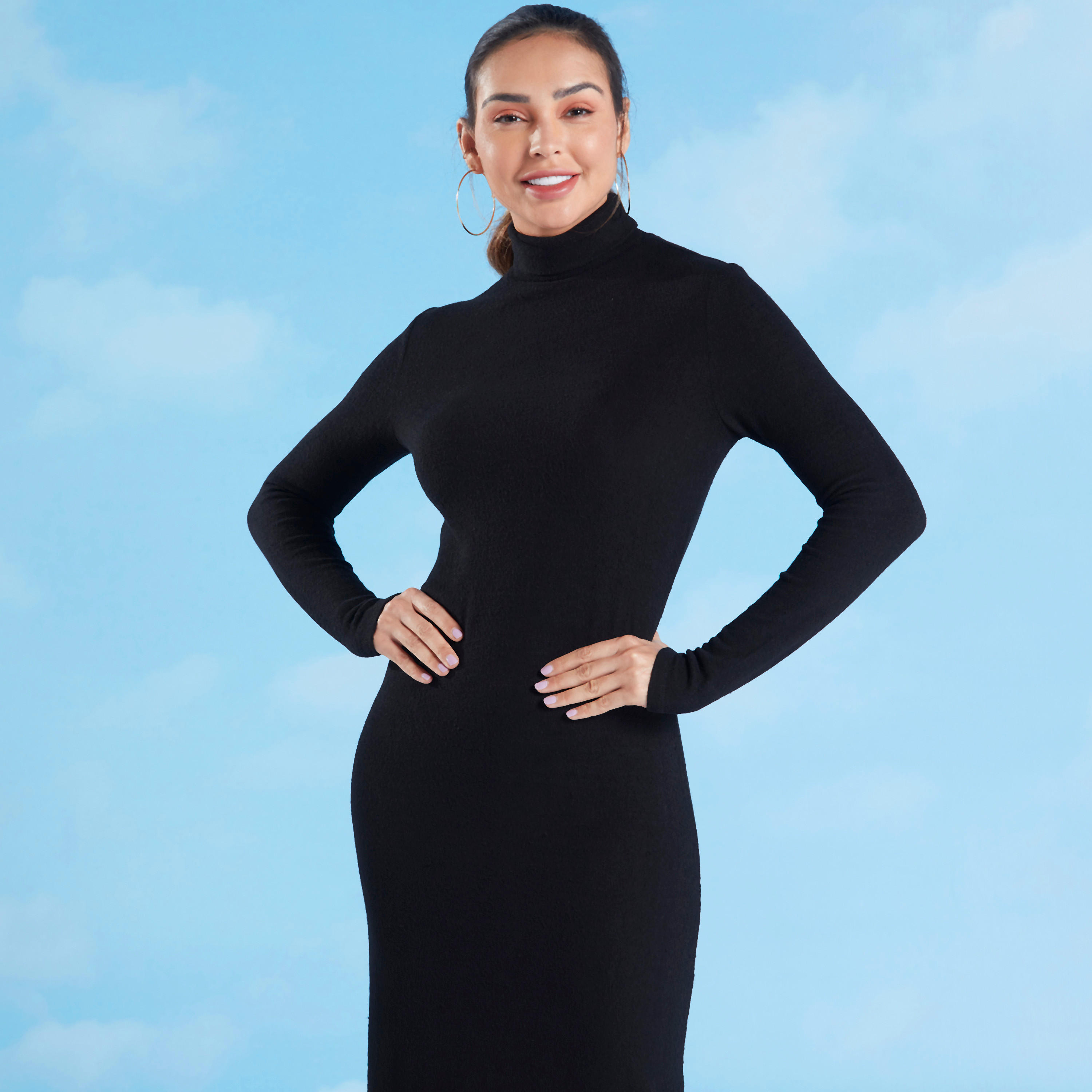 Solid High Neck Bodycon Midi Dress with Long Sleeves-women-clothing-dresses-image-2