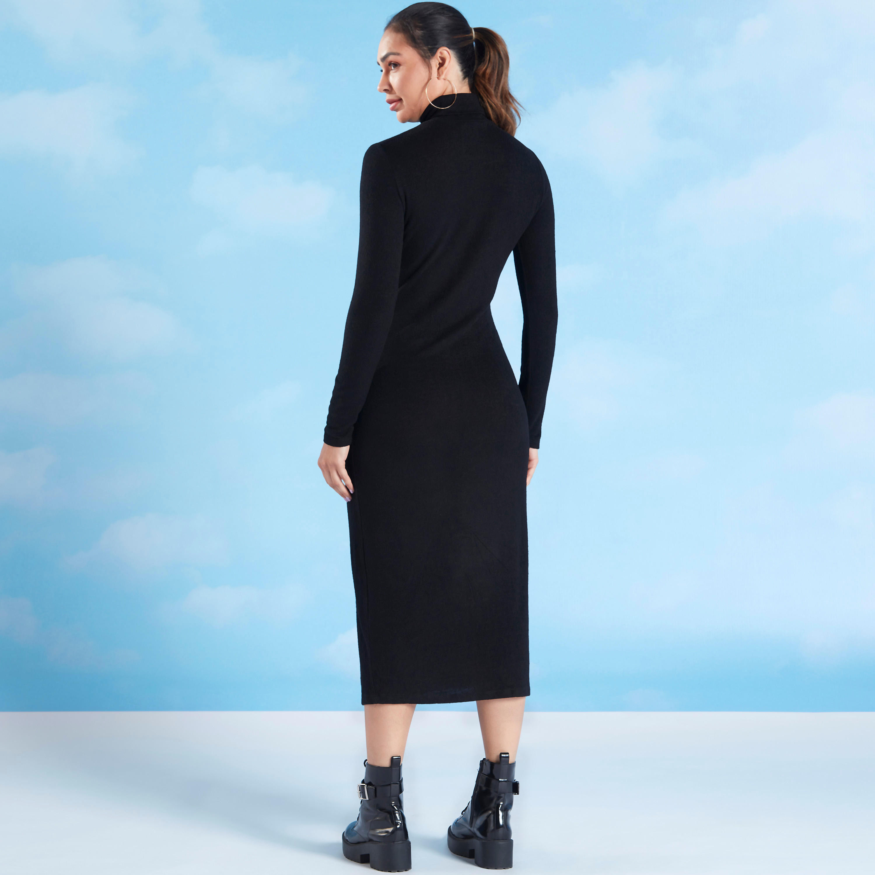 Solid High Neck Bodycon Midi Dress with Long Sleeves-women-clothing-dresses-image-4
