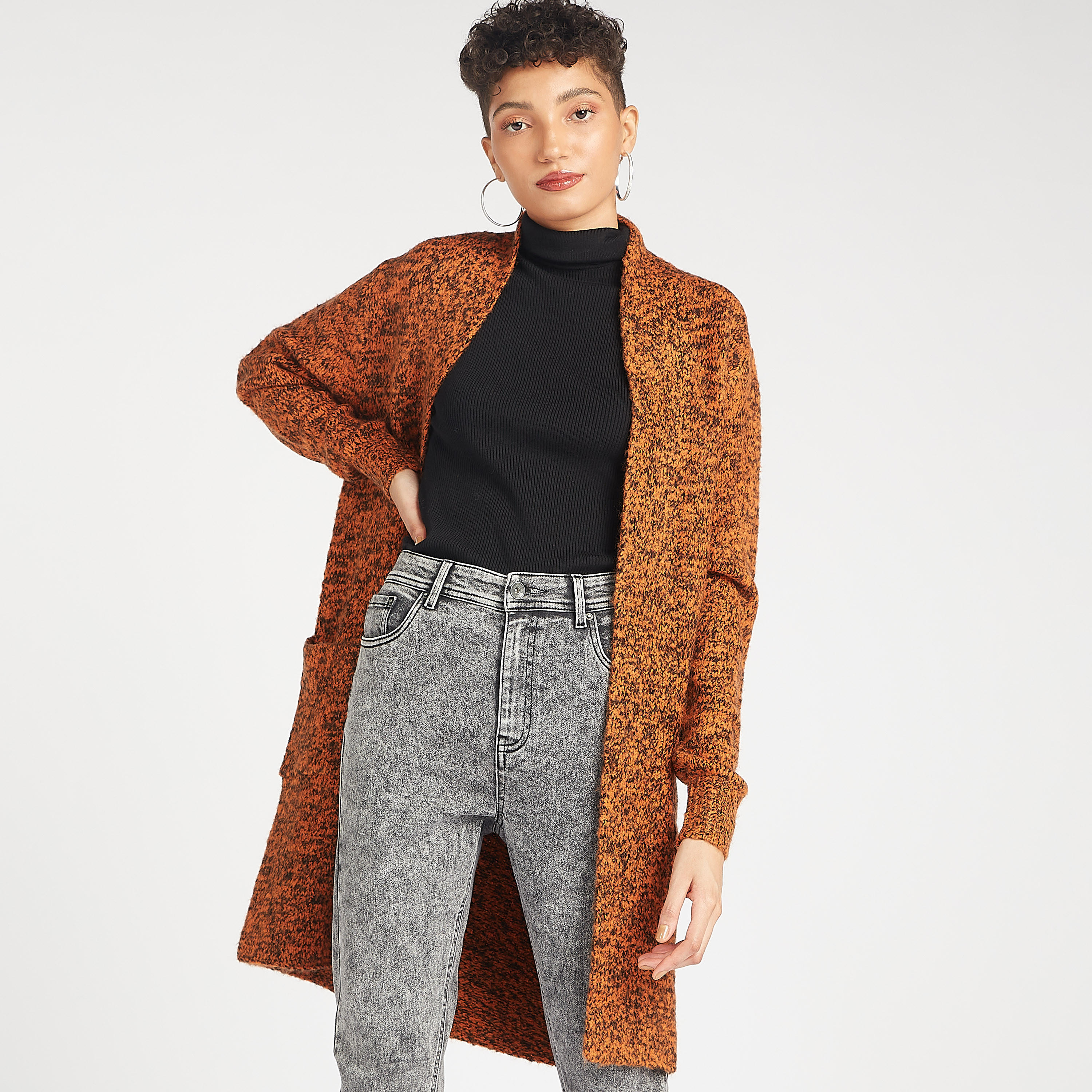 كارديجان طويل بارز الملمس بياقة منسدلة وجيوب-women-winterwear-cardigansandjumpers-cardigans-image-1