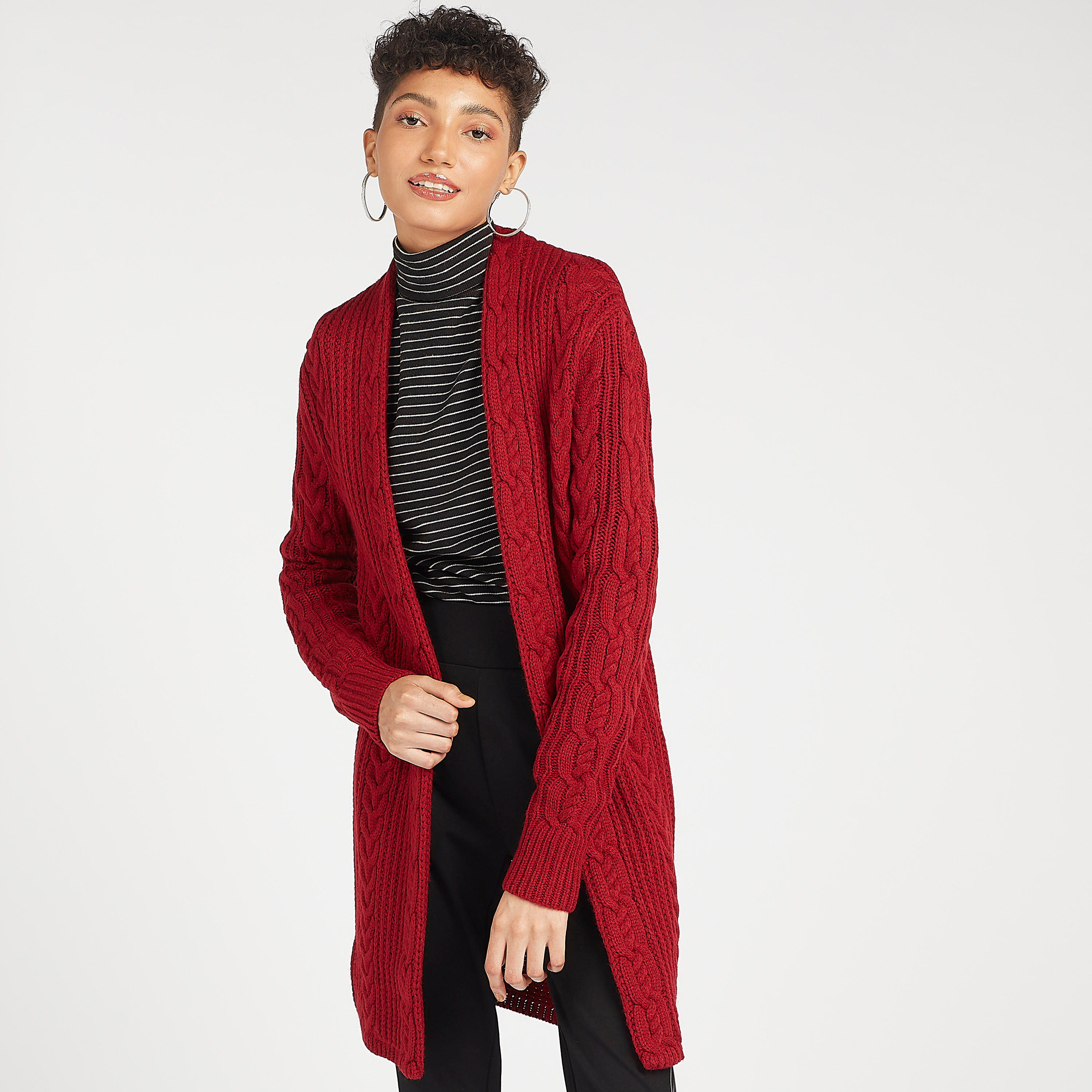 سترة بغرز متداخلة بارزة الملمس مع ياقة منسدلة وأكمام طويلة-women-winterwear-cardigansandjumpers-cardigans-image-1
