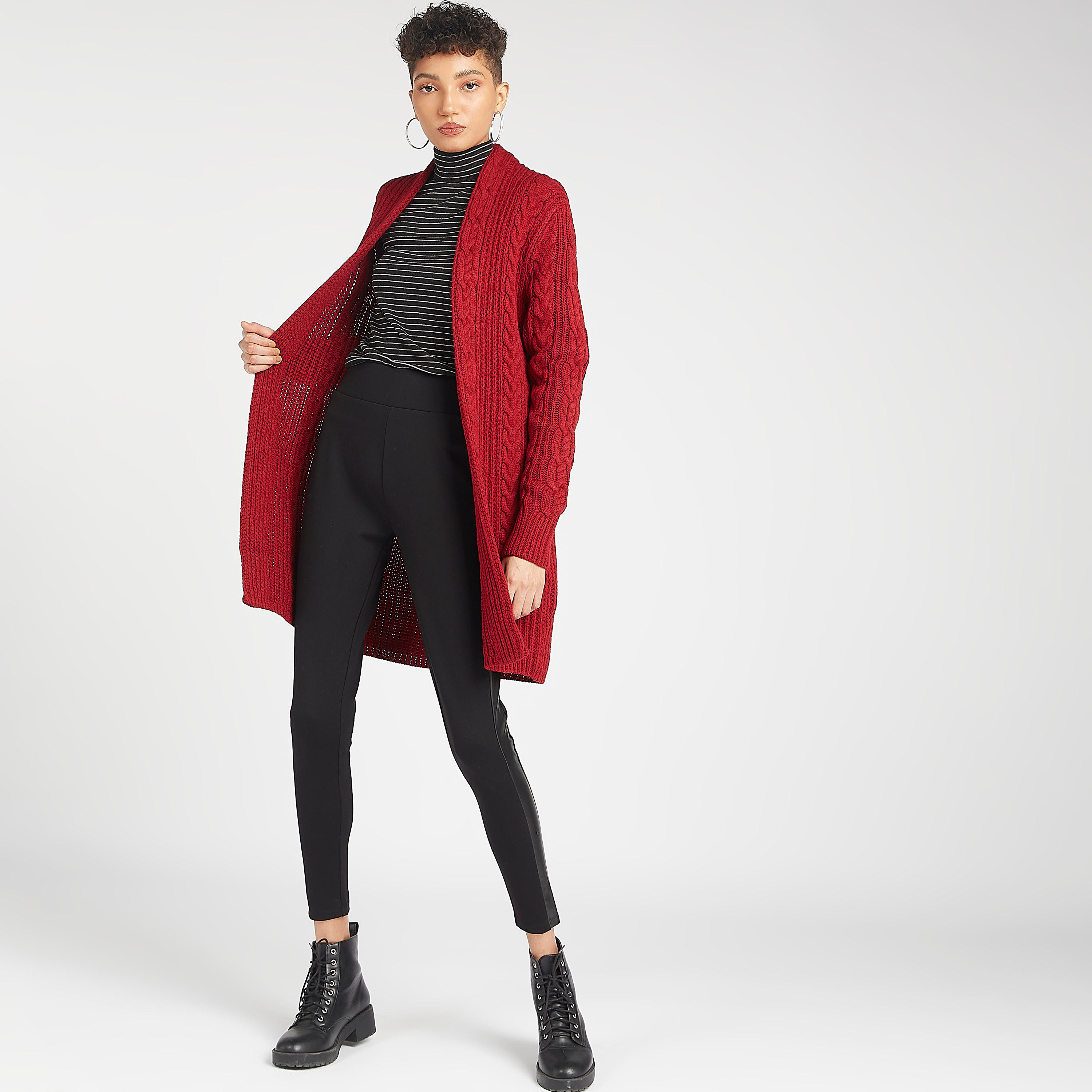 سترة بغرز متداخلة بارزة الملمس مع ياقة منسدلة وأكمام طويلة-women-winterwear-cardigansandjumpers-cardigans-image-2