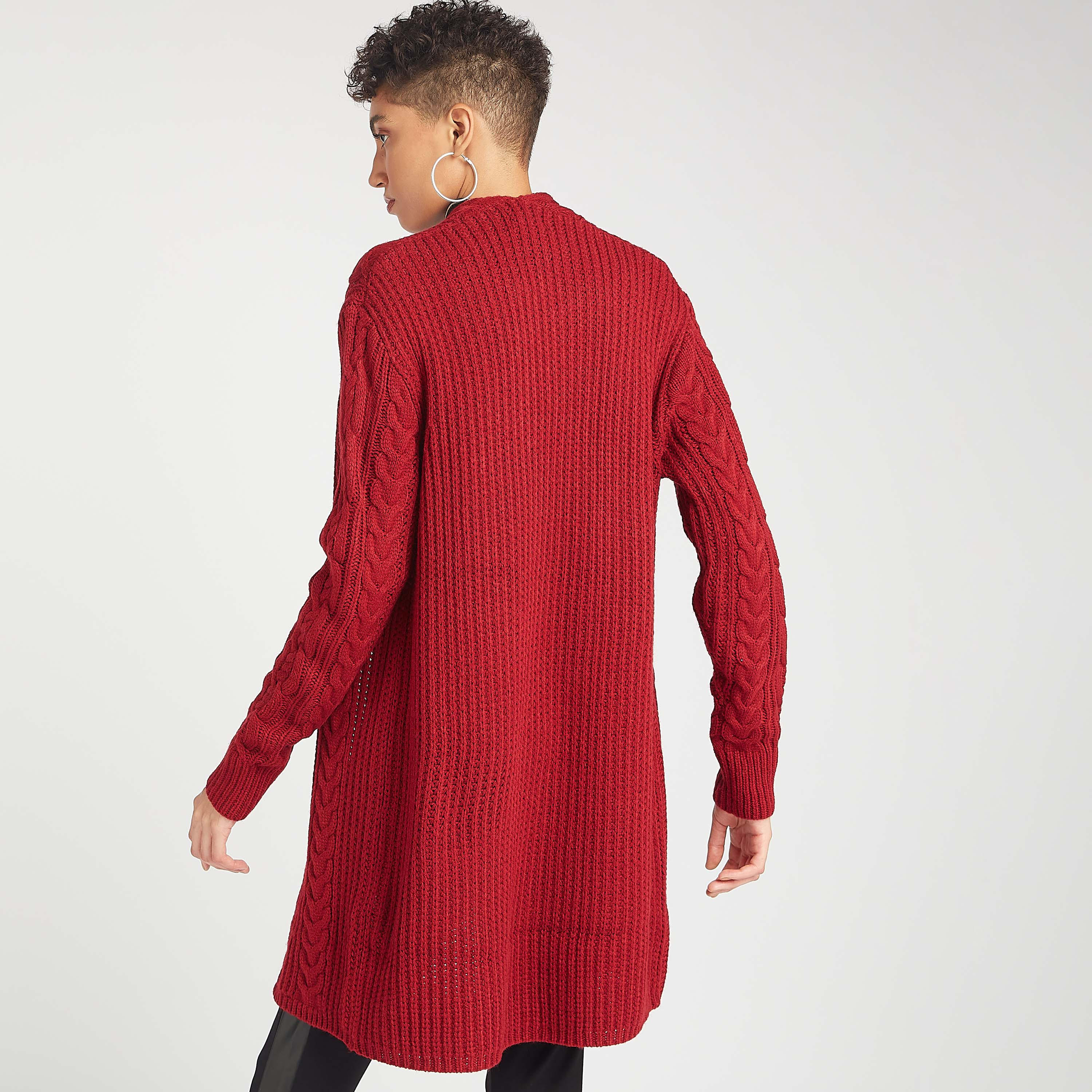 سترة بغرز متداخلة بارزة الملمس مع ياقة منسدلة وأكمام طويلة-women-winterwear-cardigansandjumpers-cardigans-image-4