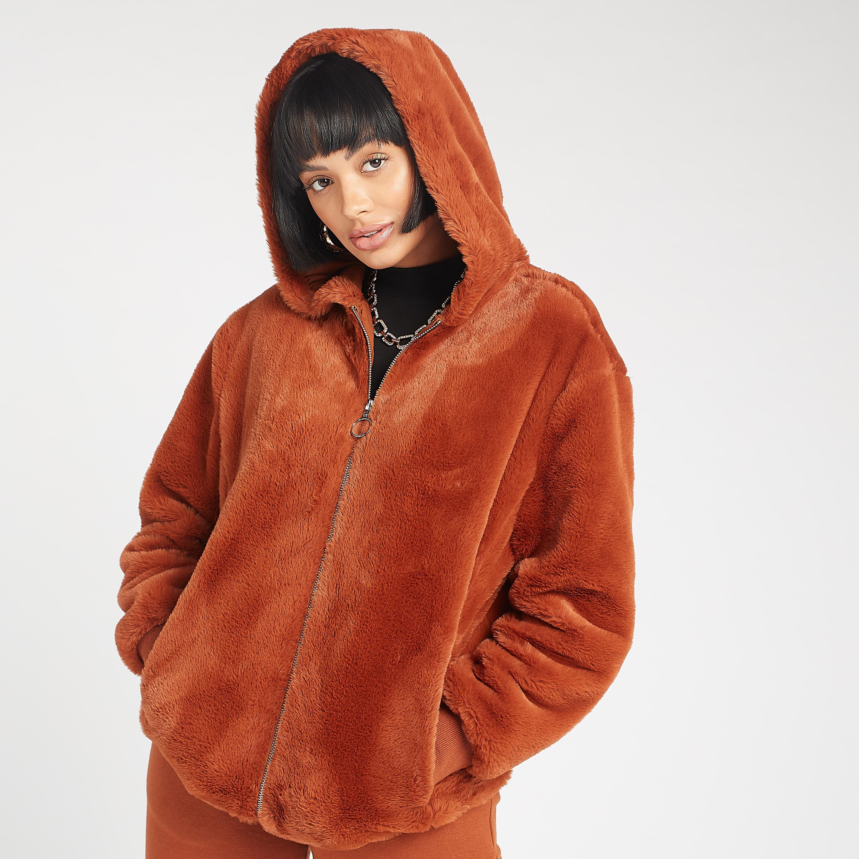 Plush Textured Jacket with Hooded Neck and Zip Closure-women-winterwear-coatsandjackets-jackets-image-1