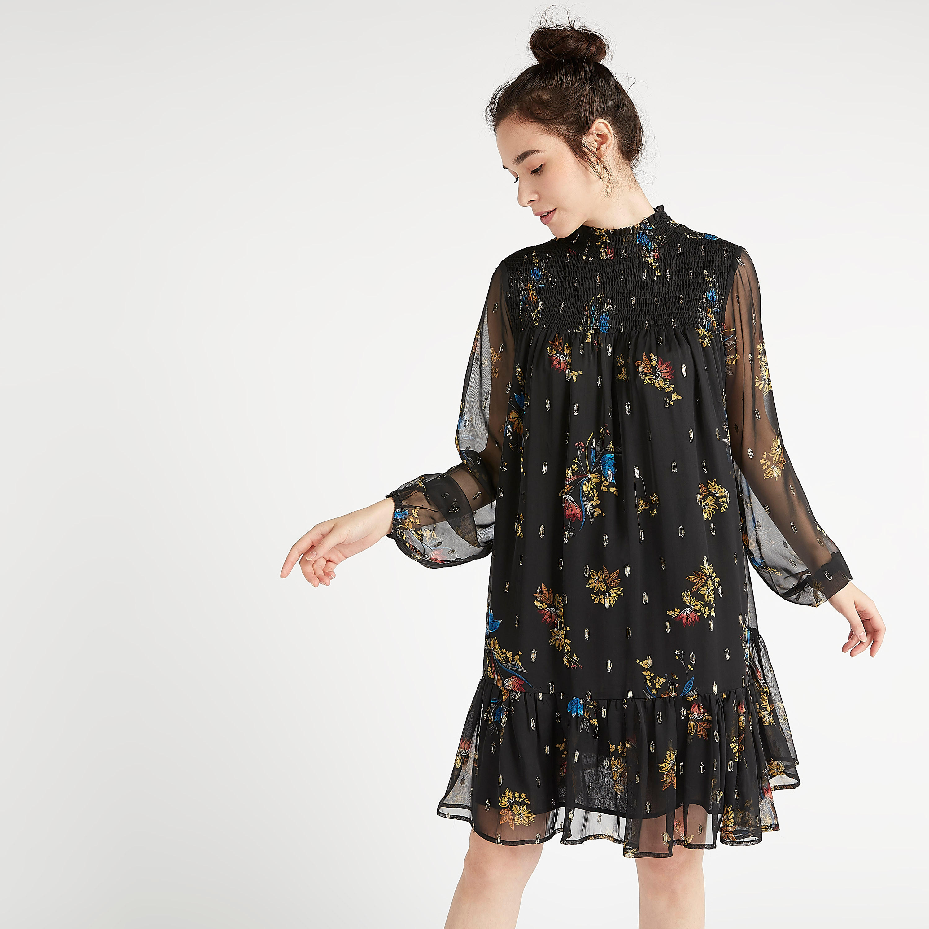فستان إيه لاين بطول الركبة مع أكمام طويلة وطبعات أزهار-women-clothing-dresses-image-1