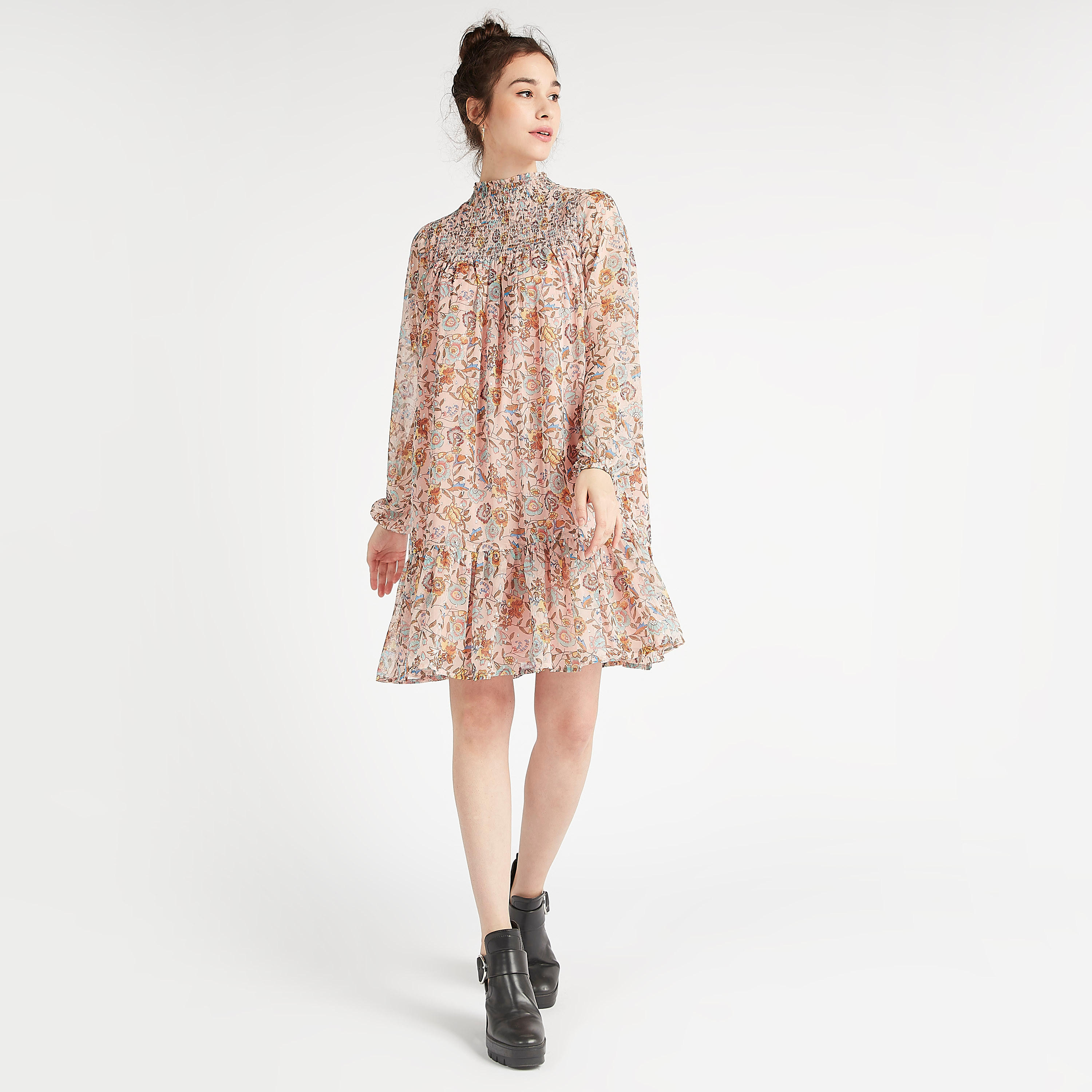 فستان مستدام إيه لاين بطول الركبة مع طبعات أزهار وأكمام طويلة-women-clothing-dresses-image-2