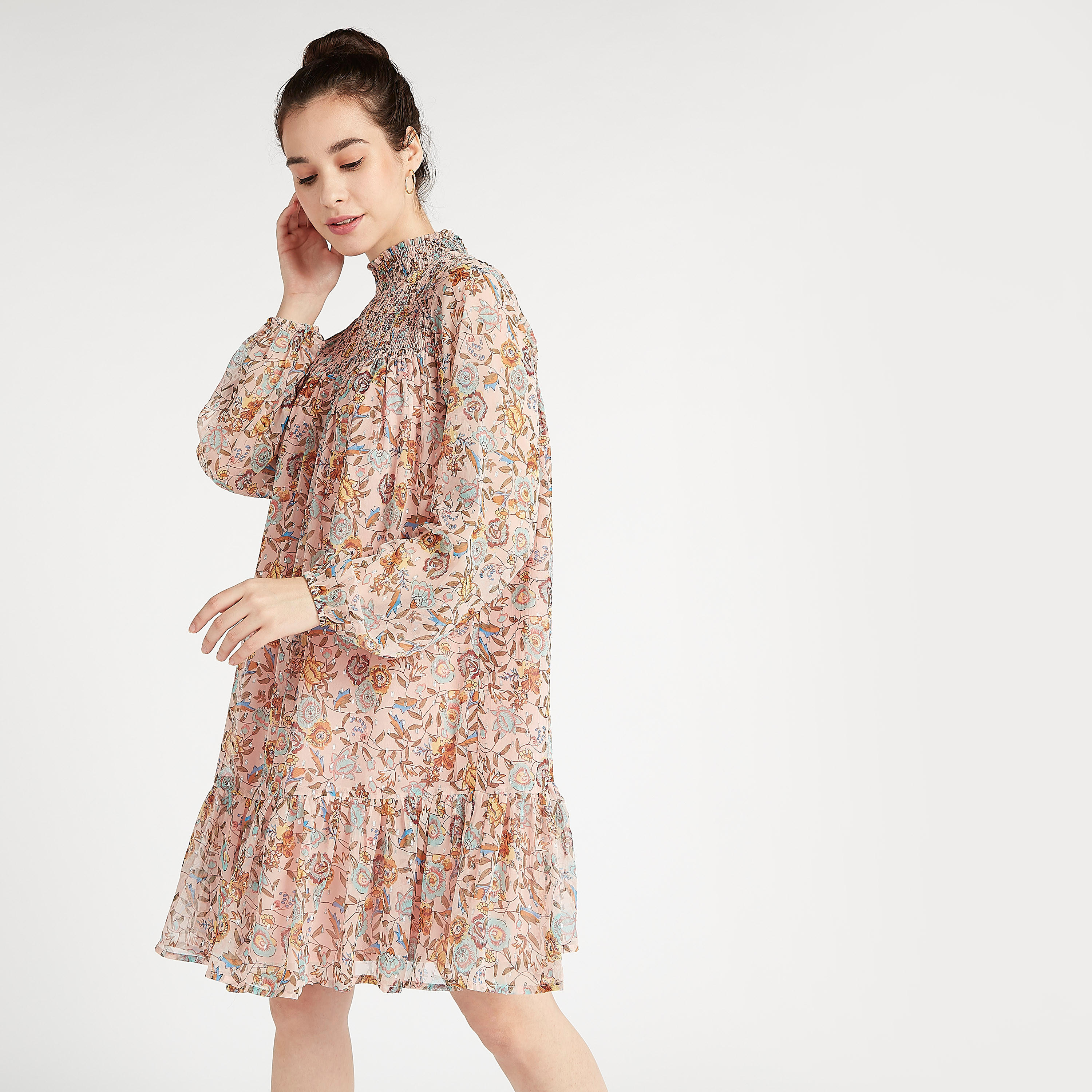 فستان مستدام إيه لاين بطول الركبة مع طبعات أزهار وأكمام طويلة-women-clothing-dresses-image-5