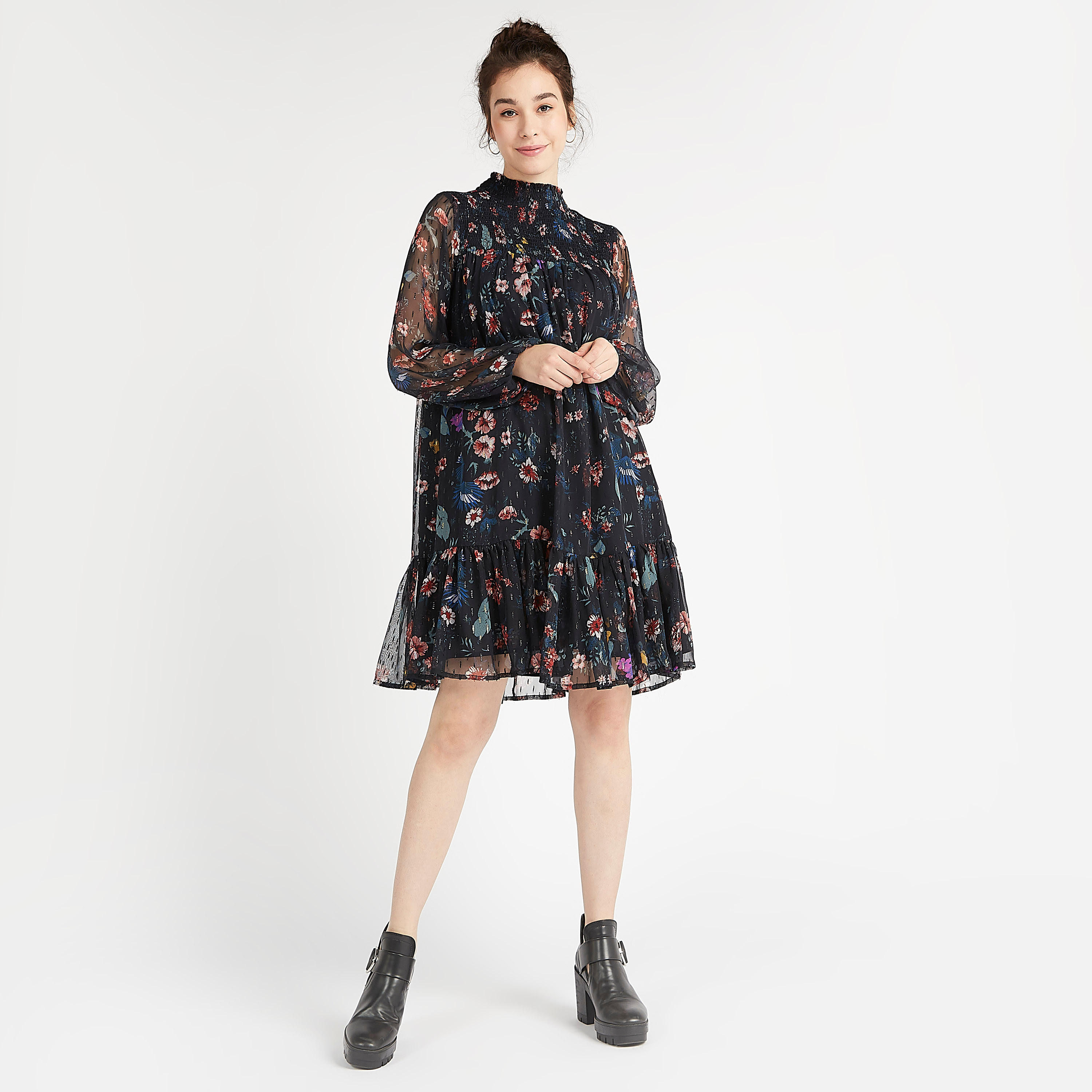 فستان إيه لاين بطول الركبة مع أكمام طويلة وطبعات أزهار-women-clothing-dresses-image-1