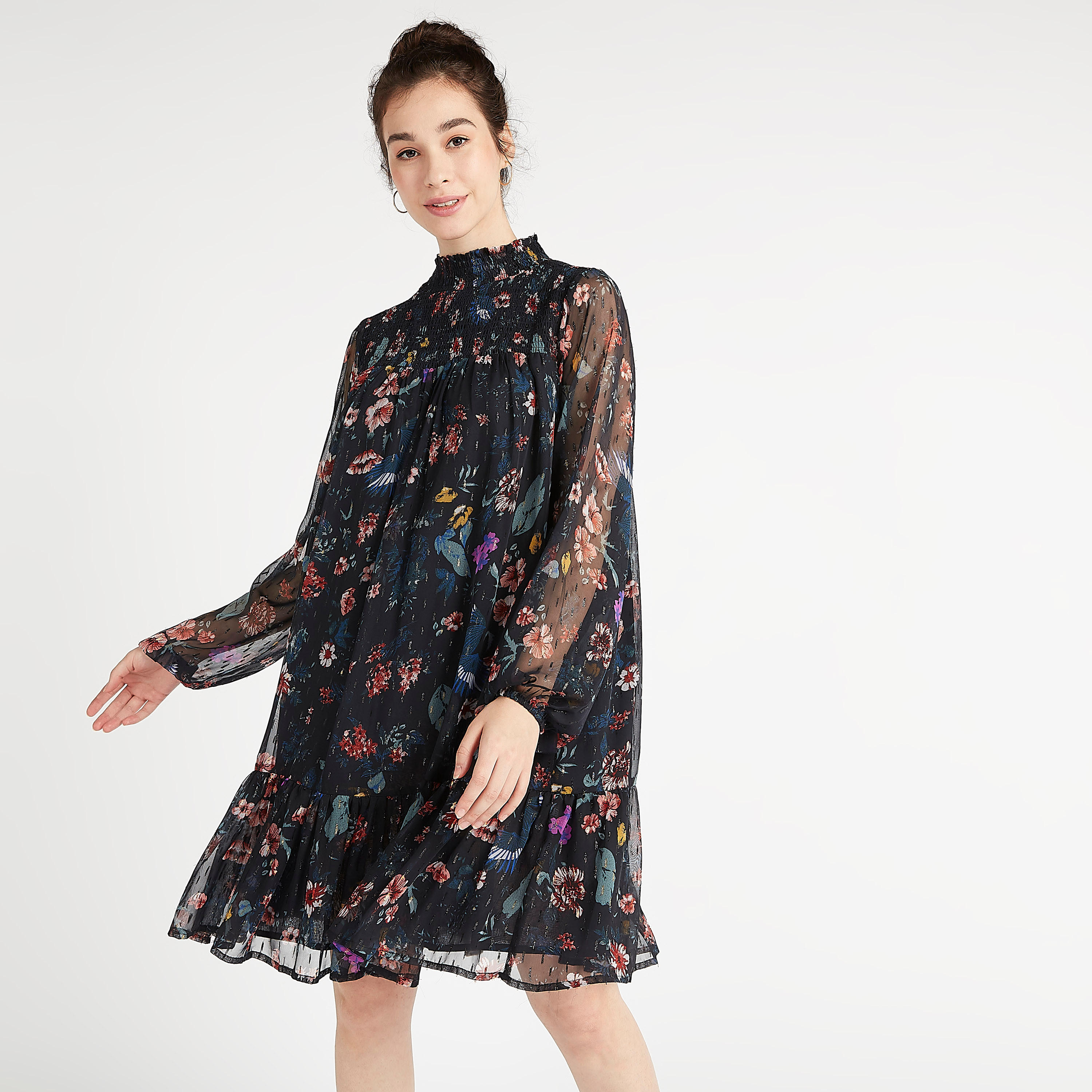 فستان إيه لاين بطول الركبة مع أكمام طويلة وطبعات أزهار-women-clothing-dresses-image-2