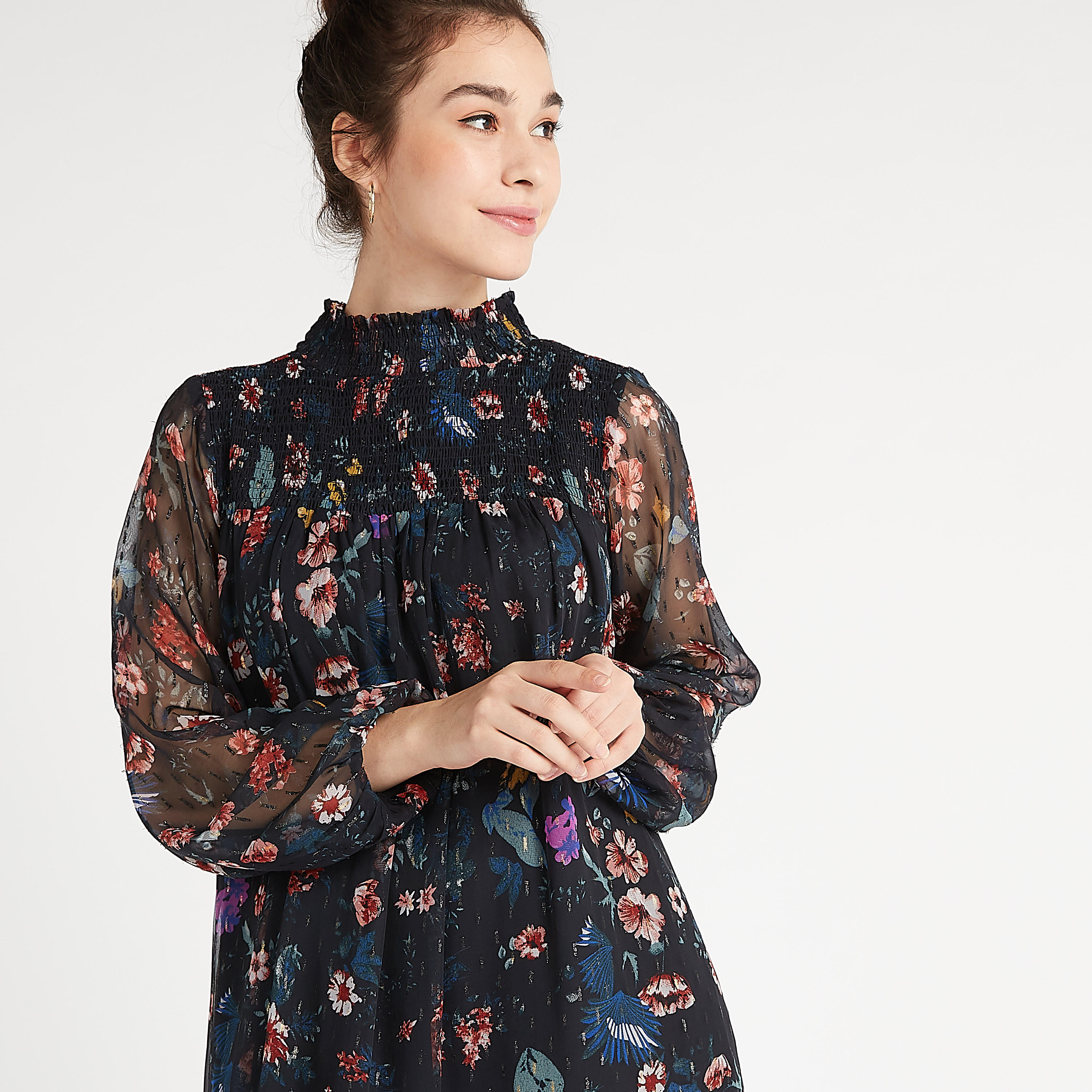 فستان إيه لاين بطول الركبة مع أكمام طويلة وطبعات أزهار-women-clothing-dresses-image-3