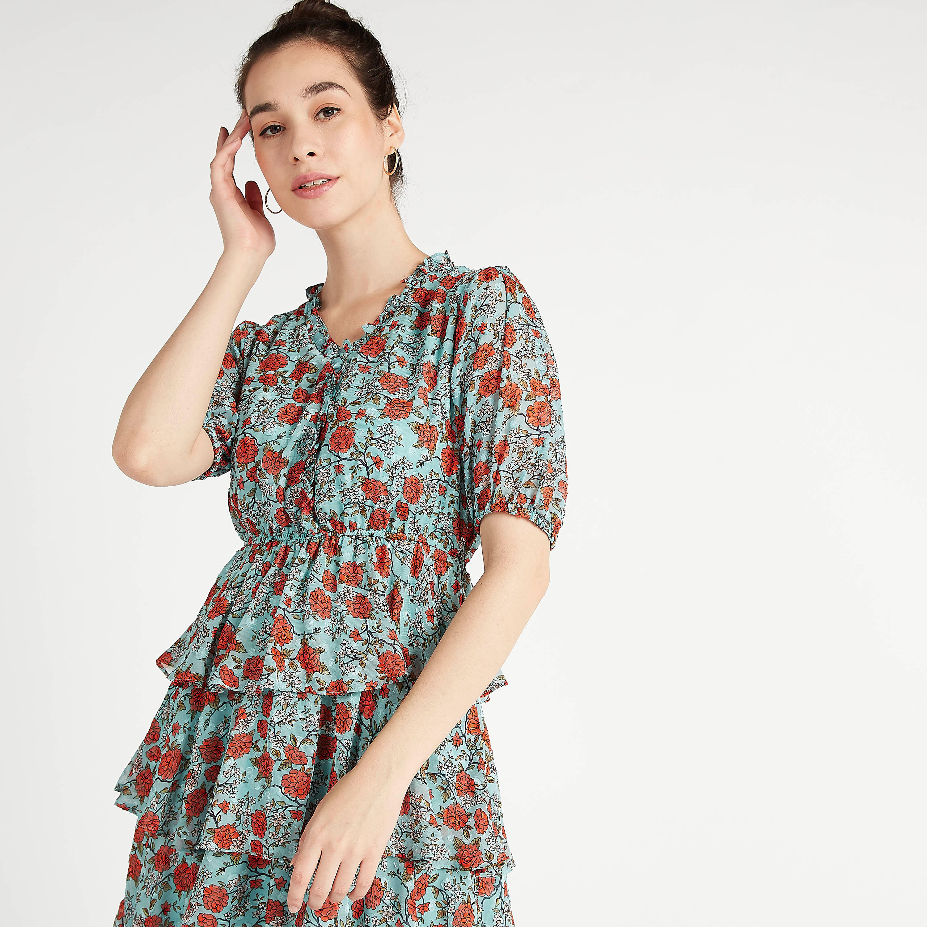 فستان إيه لاين ميدي متعدّد الطبقات بطبعات أزهار وأكمام قصيرة-women-clothing-dresses-image-3