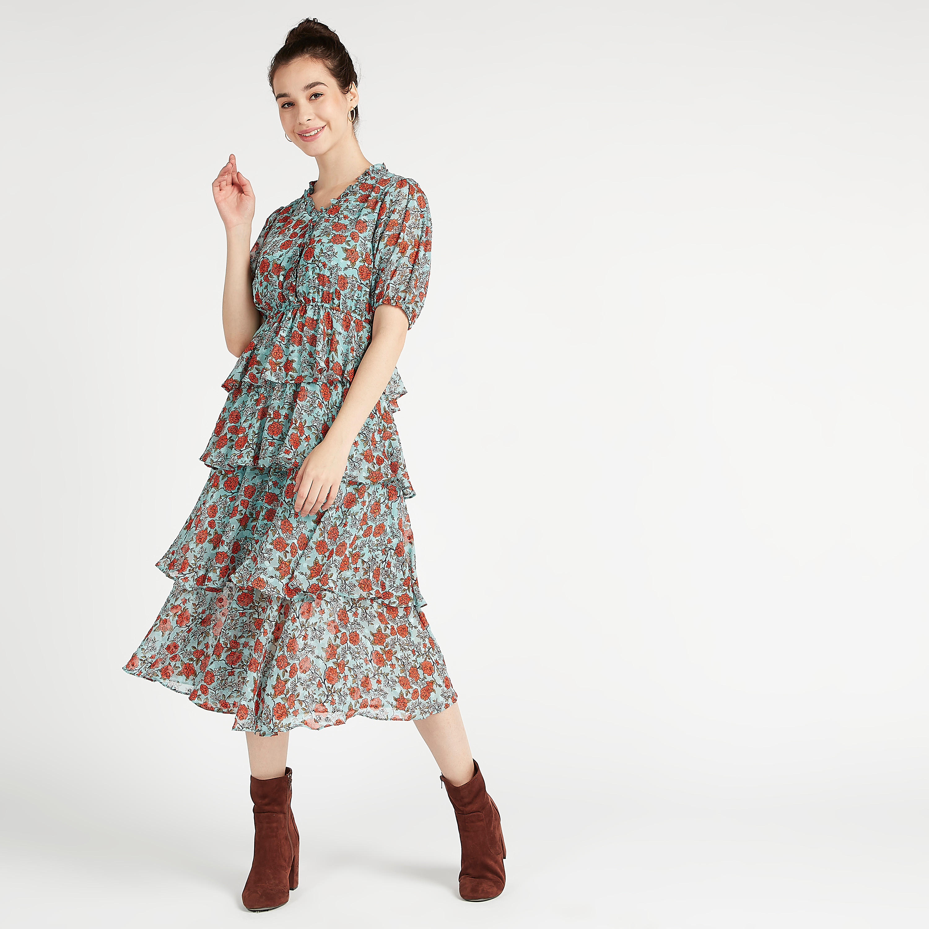 فستان إيه لاين ميدي متعدّد الطبقات بطبعات أزهار وأكمام قصيرة-women-clothing-dresses-image-5