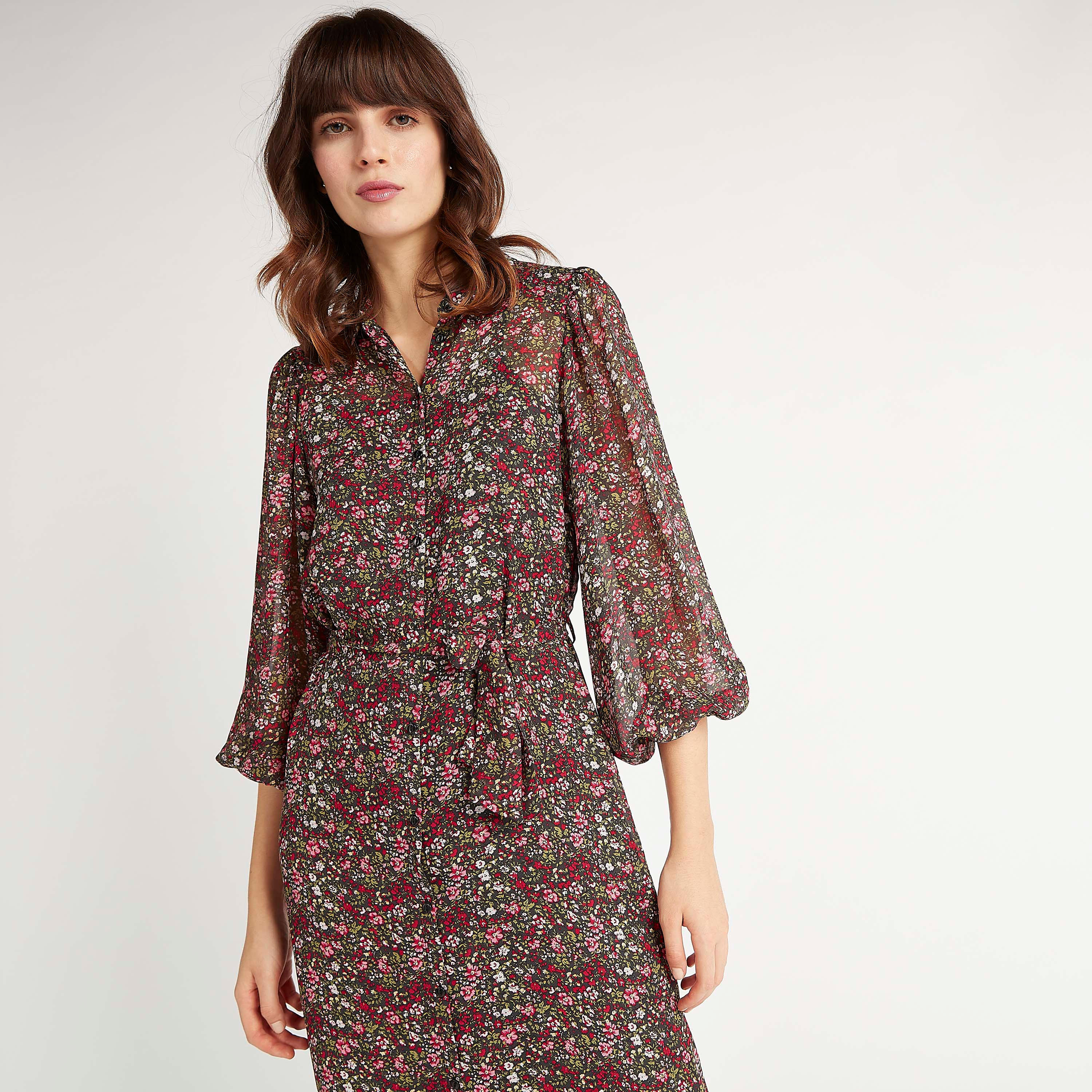 فستان ميدي بياقة عادية وأكمام طويلة وأطراف كشكشة وطبعات أزهار-women-clothing-dresses-image-1