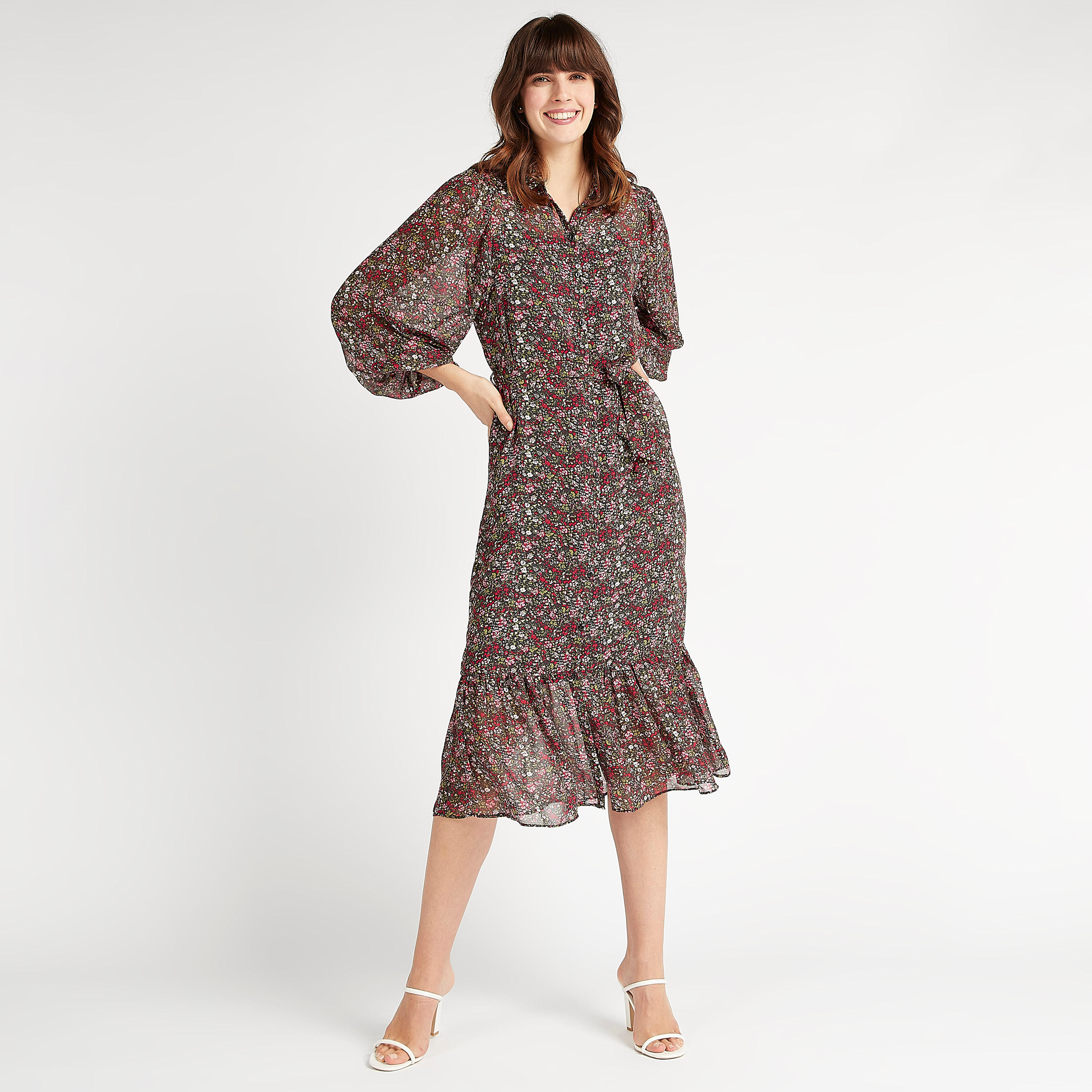فستان ميدي بياقة عادية وأكمام طويلة وأطراف كشكشة وطبعات أزهار-women-clothing-dresses-image-2