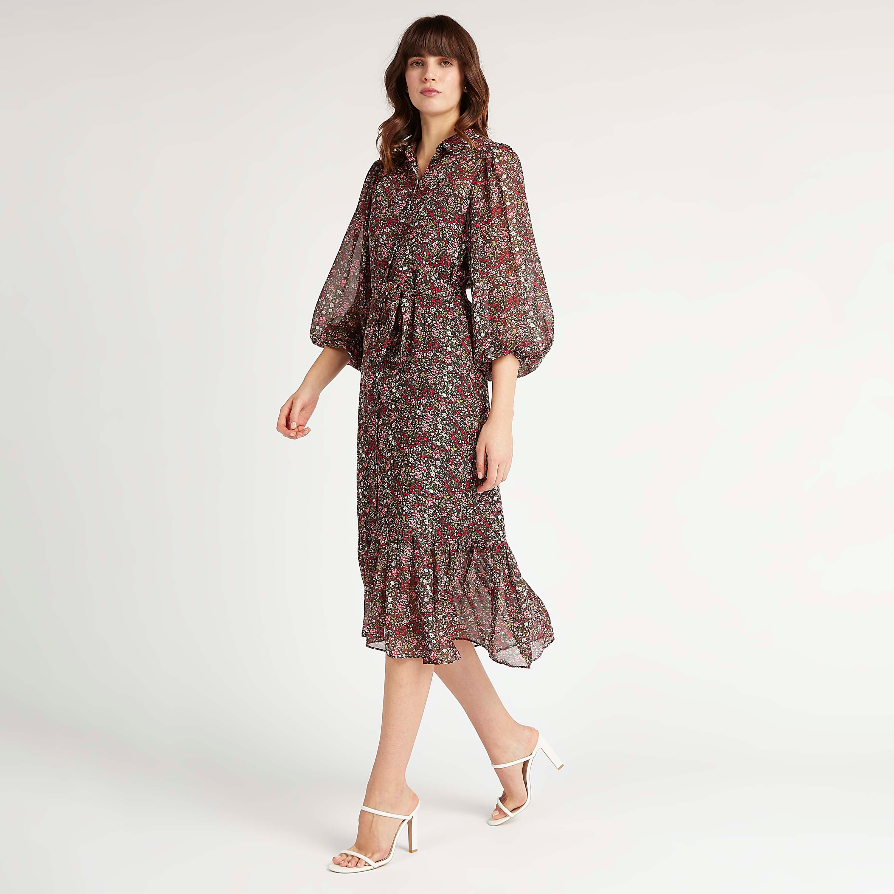 فستان ميدي بياقة عادية وأكمام طويلة وأطراف كشكشة وطبعات أزهار-women-clothing-dresses-image-3