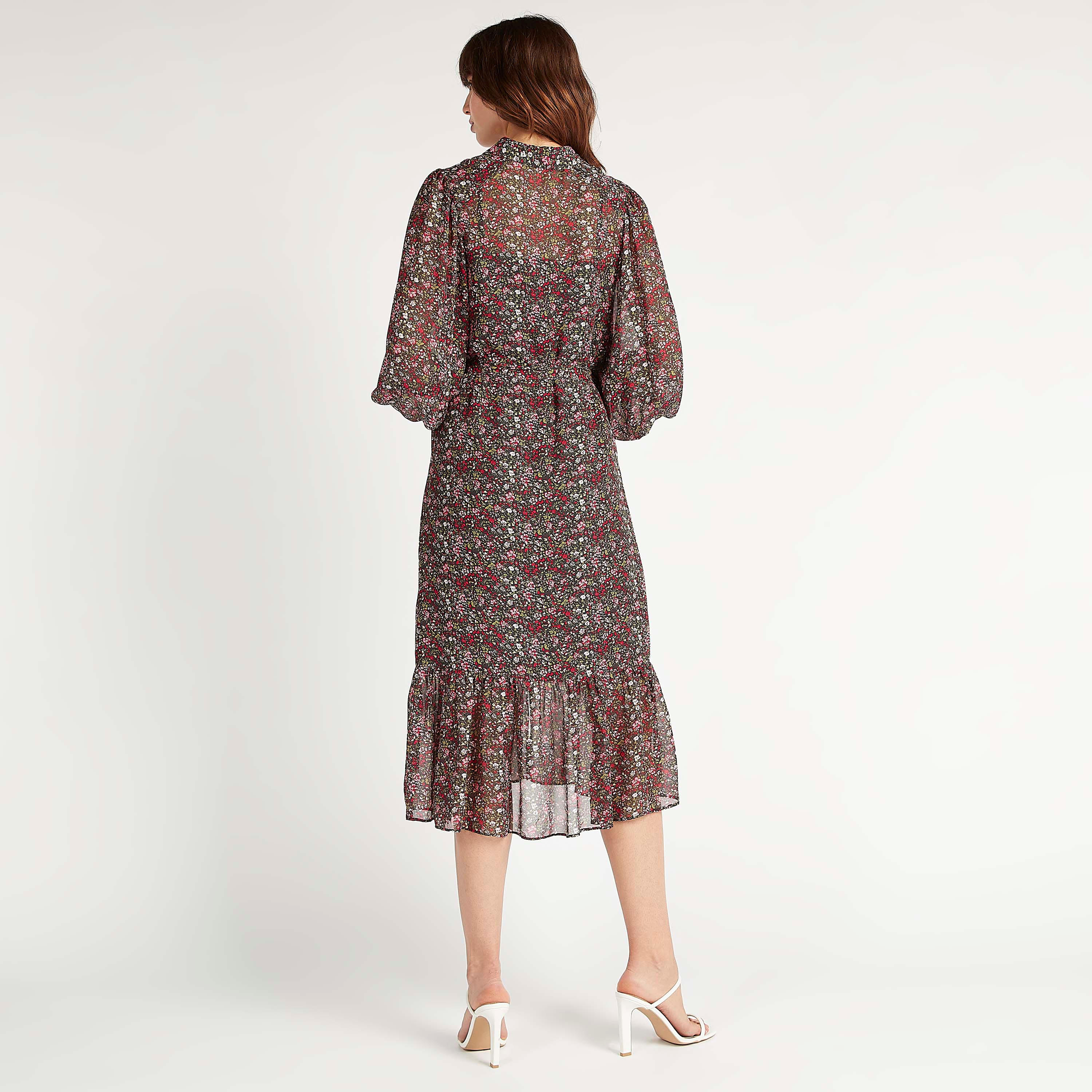 فستان ميدي بياقة عادية وأكمام طويلة وأطراف كشكشة وطبعات أزهار-women-clothing-dresses-image-4